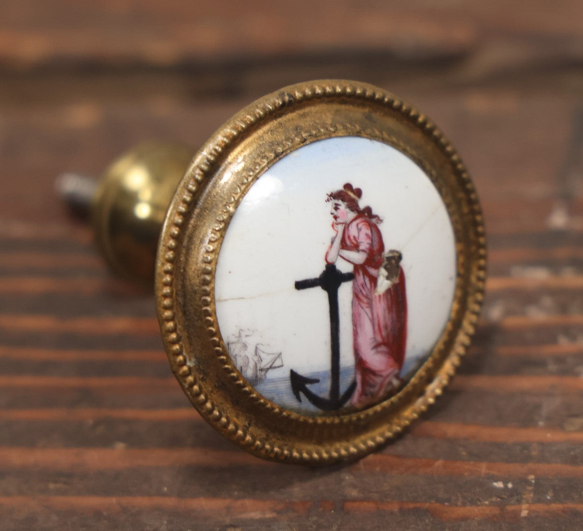 Lot 041 - Antique Hand Painted Porcelain And Brass Nautical Curtain Tie Back Knob, Woman Waiting For Sailor At Sea, On Anchor, Note Chip, Loss