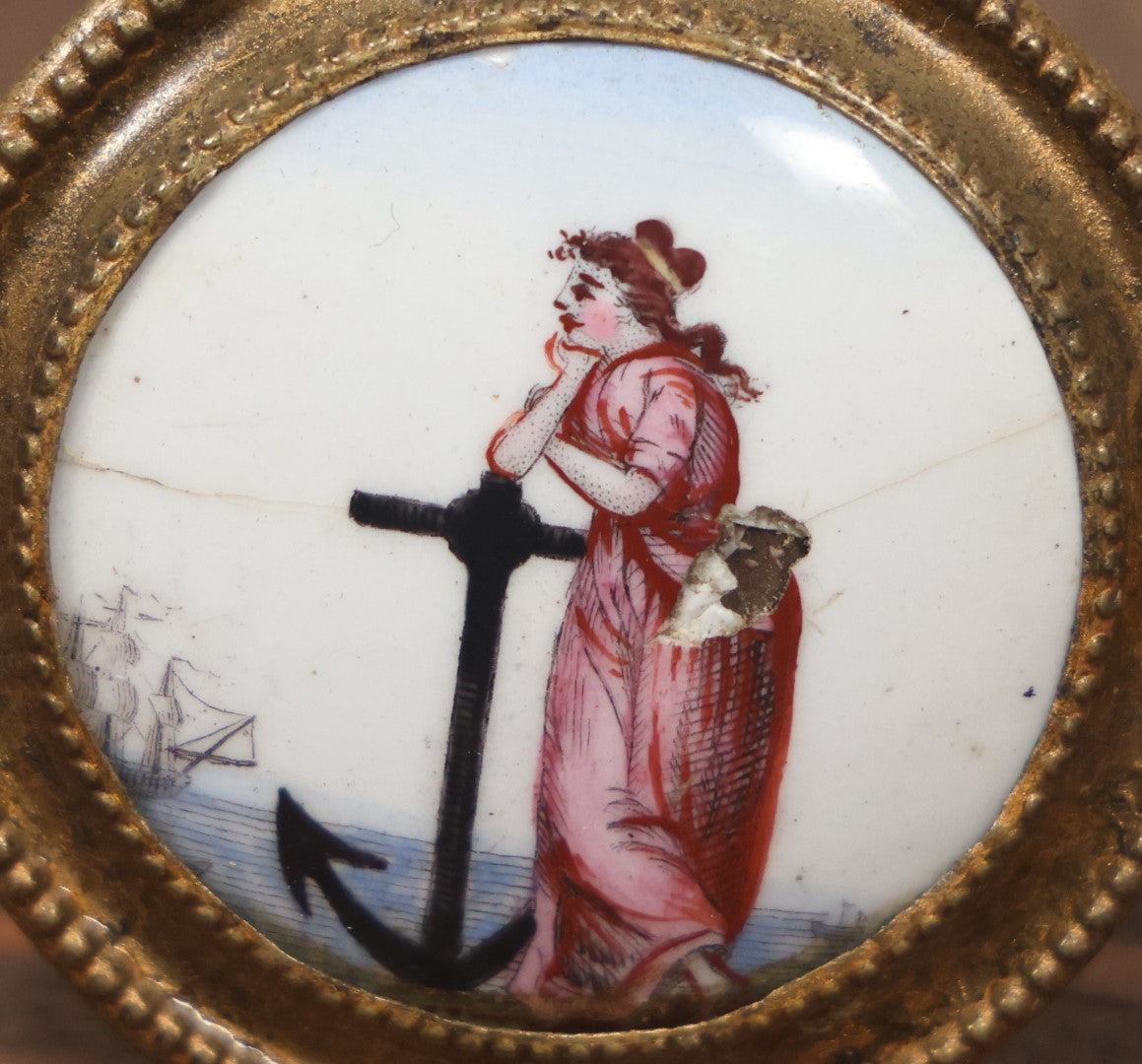 Lot 041 - Antique Hand Painted Porcelain And Brass Nautical Curtain Tie Back Knob, Woman Waiting For Sailor At Sea, On Anchor, Note Chip, Loss
