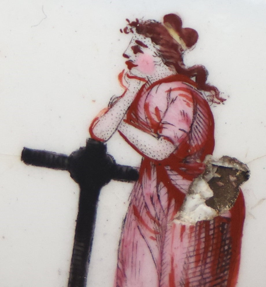 Lot 041 - Antique Hand Painted Porcelain And Brass Nautical Curtain Tie Back Knob, Woman Waiting For Sailor At Sea, On Anchor, Note Chip, Loss