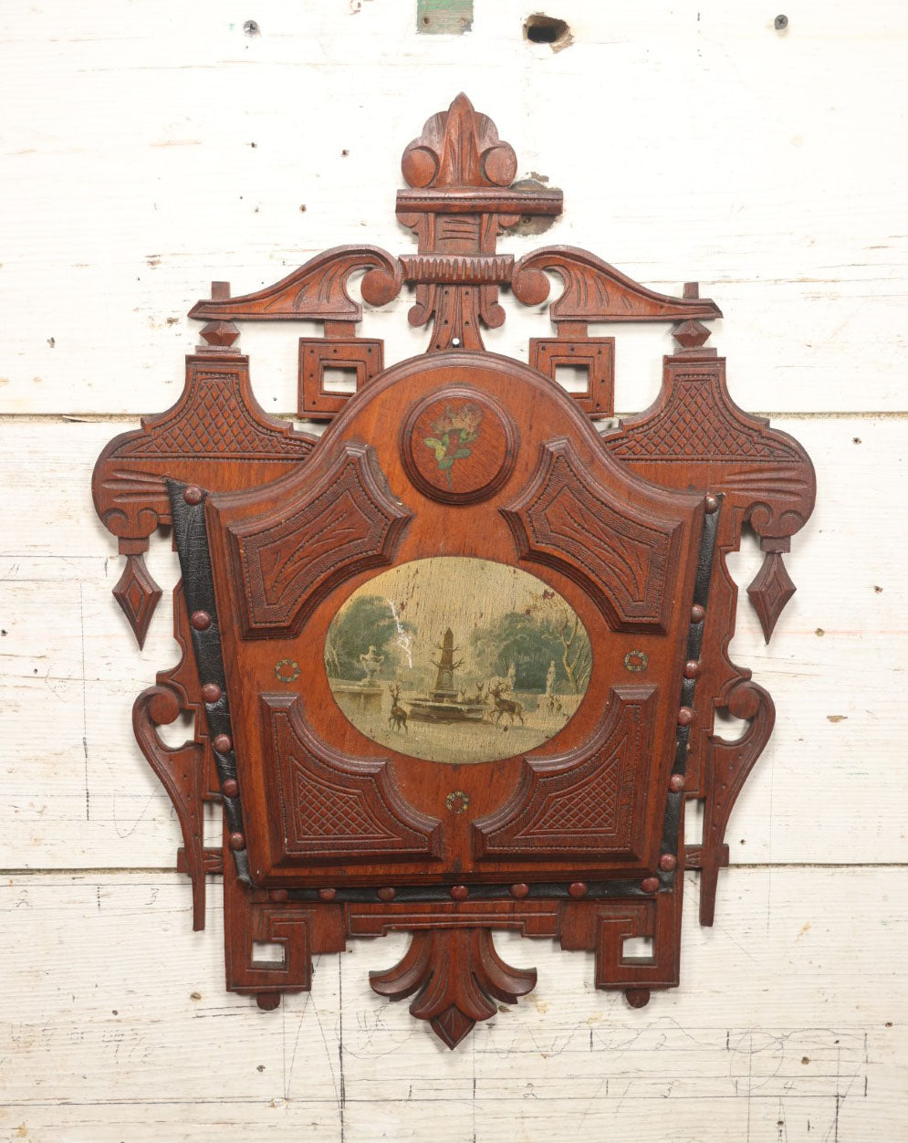 Lot 042 - Victorian Walnut Hanging Wall Pocket With Winter Scene, Obelisk, Deer, Leather Pocket, Note Damage