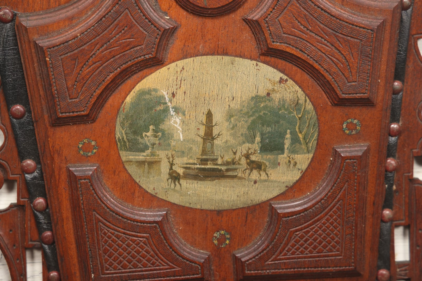 Lot 042 - Victorian Walnut Hanging Wall Pocket With Winter Scene, Obelisk, Deer, Leather Pocket, Note Damage