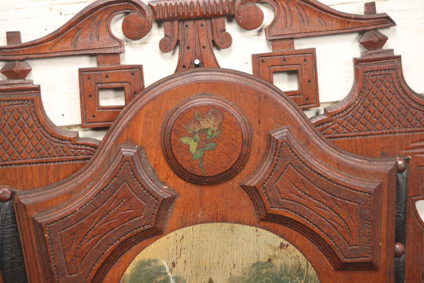 Lot 042 - Victorian Walnut Hanging Wall Pocket With Winter Scene, Obelisk, Deer, Leather Pocket, Note Damage