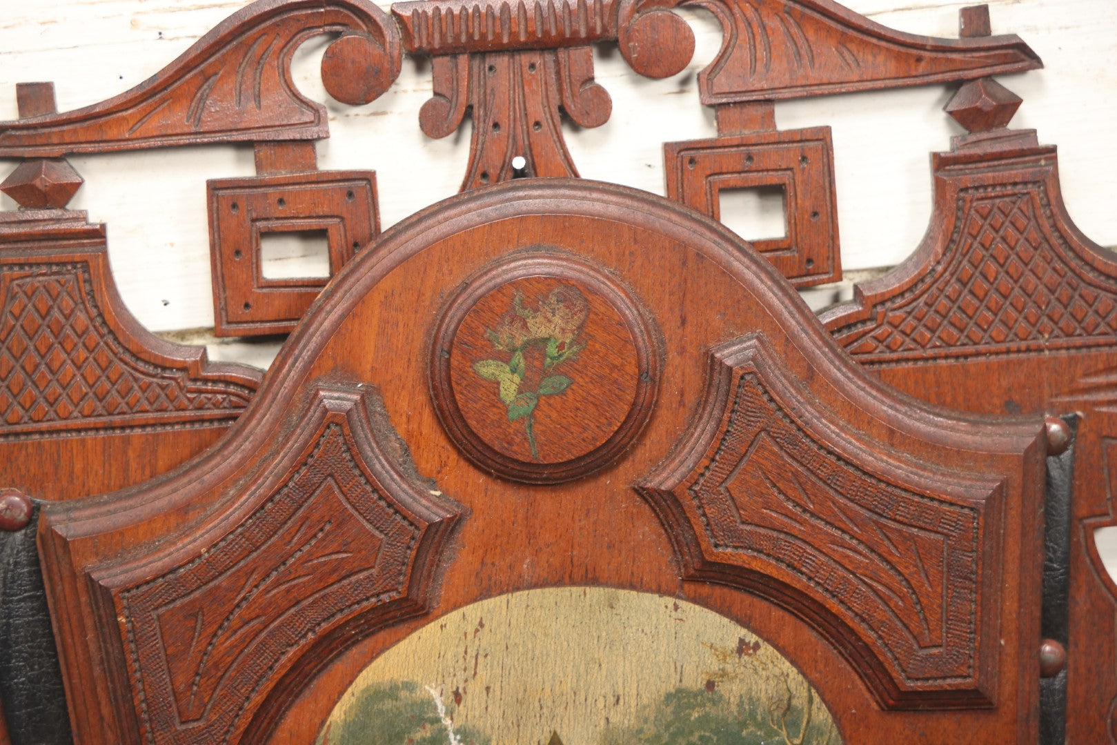 Lot 042 - Victorian Walnut Hanging Wall Pocket With Winter Scene, Obelisk, Deer, Leather Pocket, Note Damage