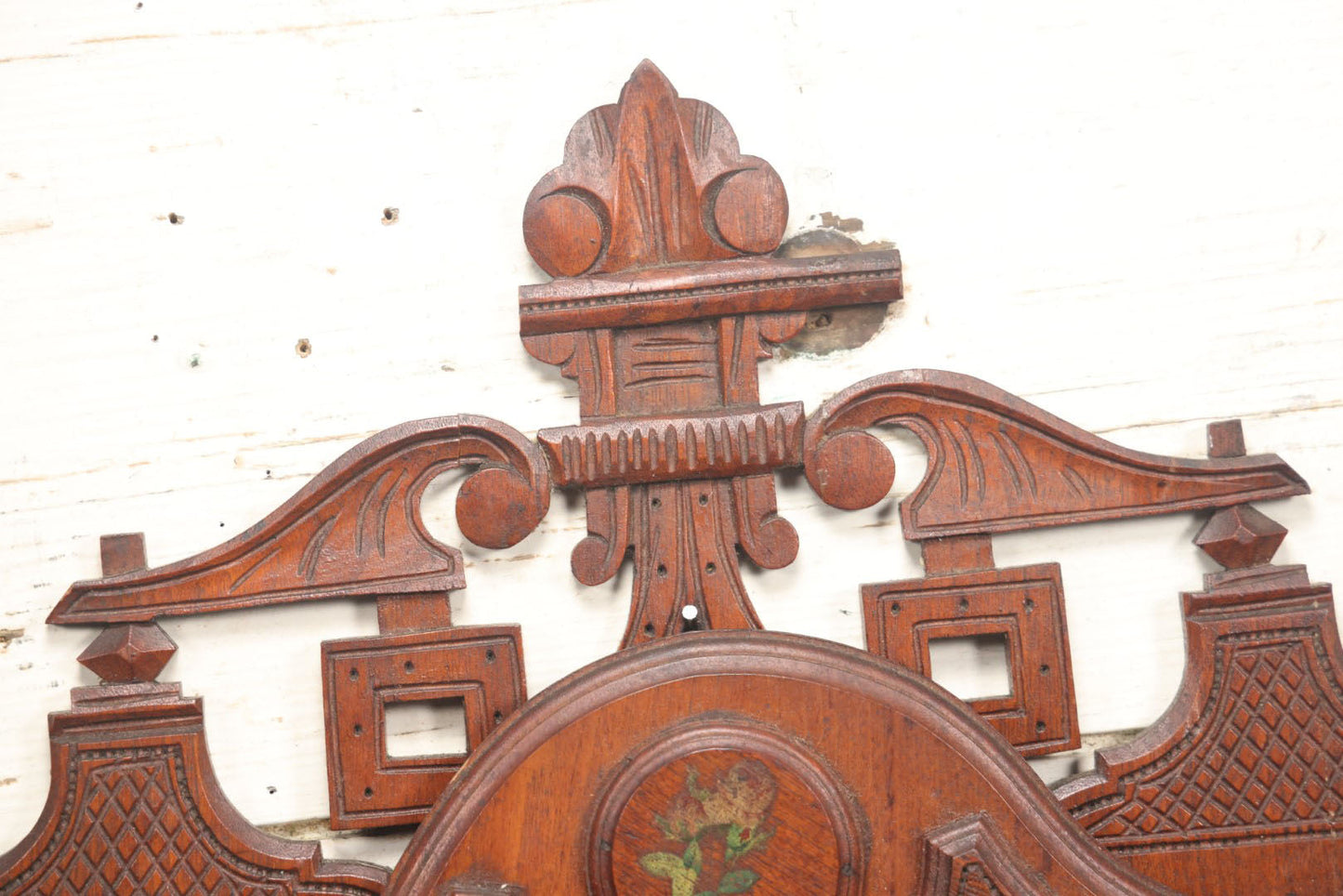 Lot 042 - Victorian Walnut Hanging Wall Pocket With Winter Scene, Obelisk, Deer, Leather Pocket, Note Damage