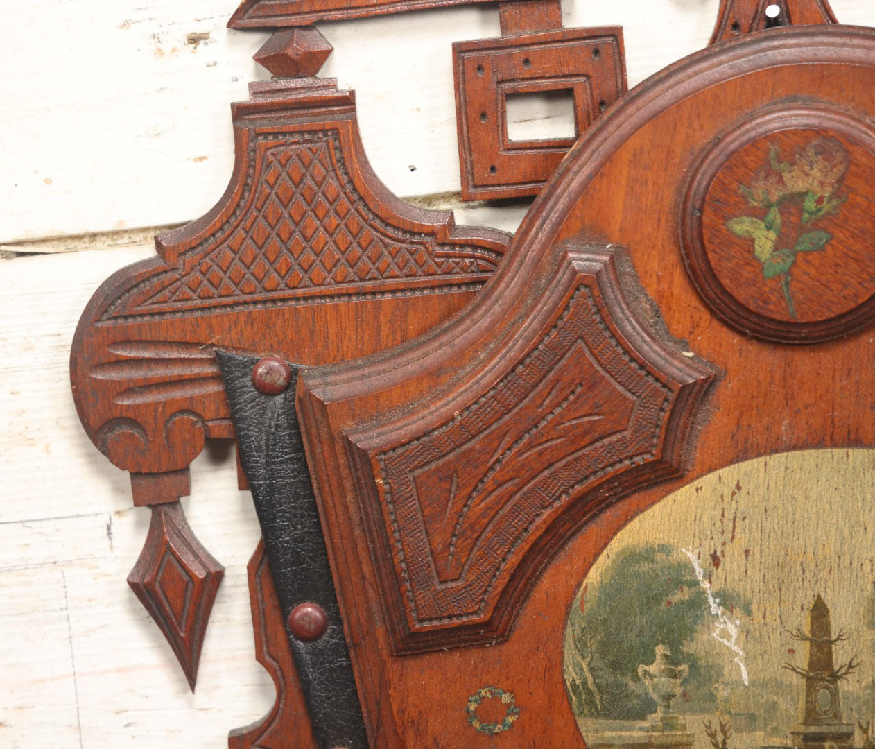 Lot 042 - Victorian Walnut Hanging Wall Pocket With Winter Scene, Obelisk, Deer, Leather Pocket, Note Damage