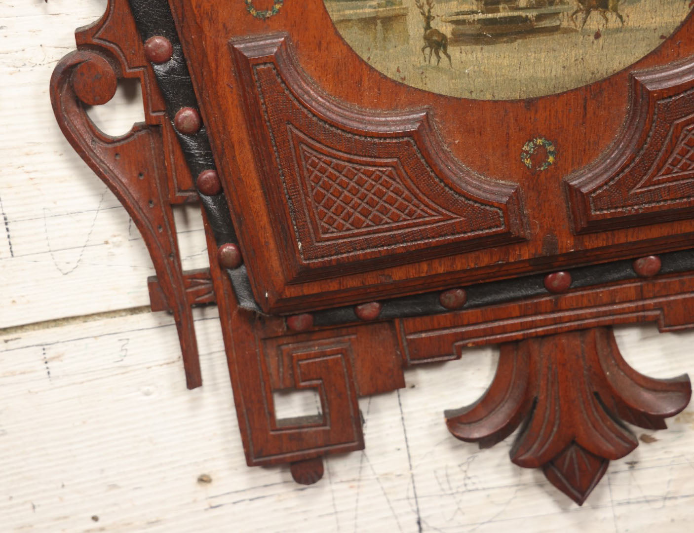 Lot 042 - Victorian Walnut Hanging Wall Pocket With Winter Scene, Obelisk, Deer, Leather Pocket, Note Damage