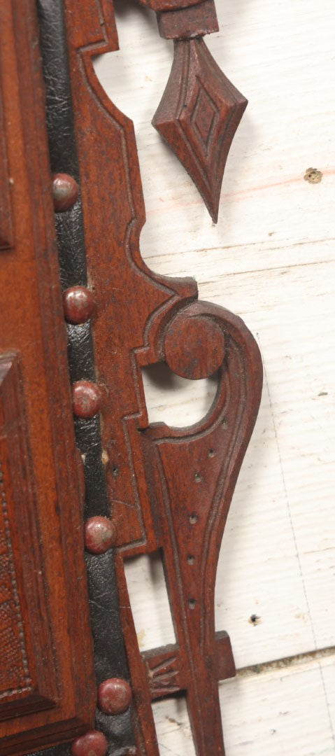 Lot 042 - Victorian Walnut Hanging Wall Pocket With Winter Scene, Obelisk, Deer, Leather Pocket, Note Damage