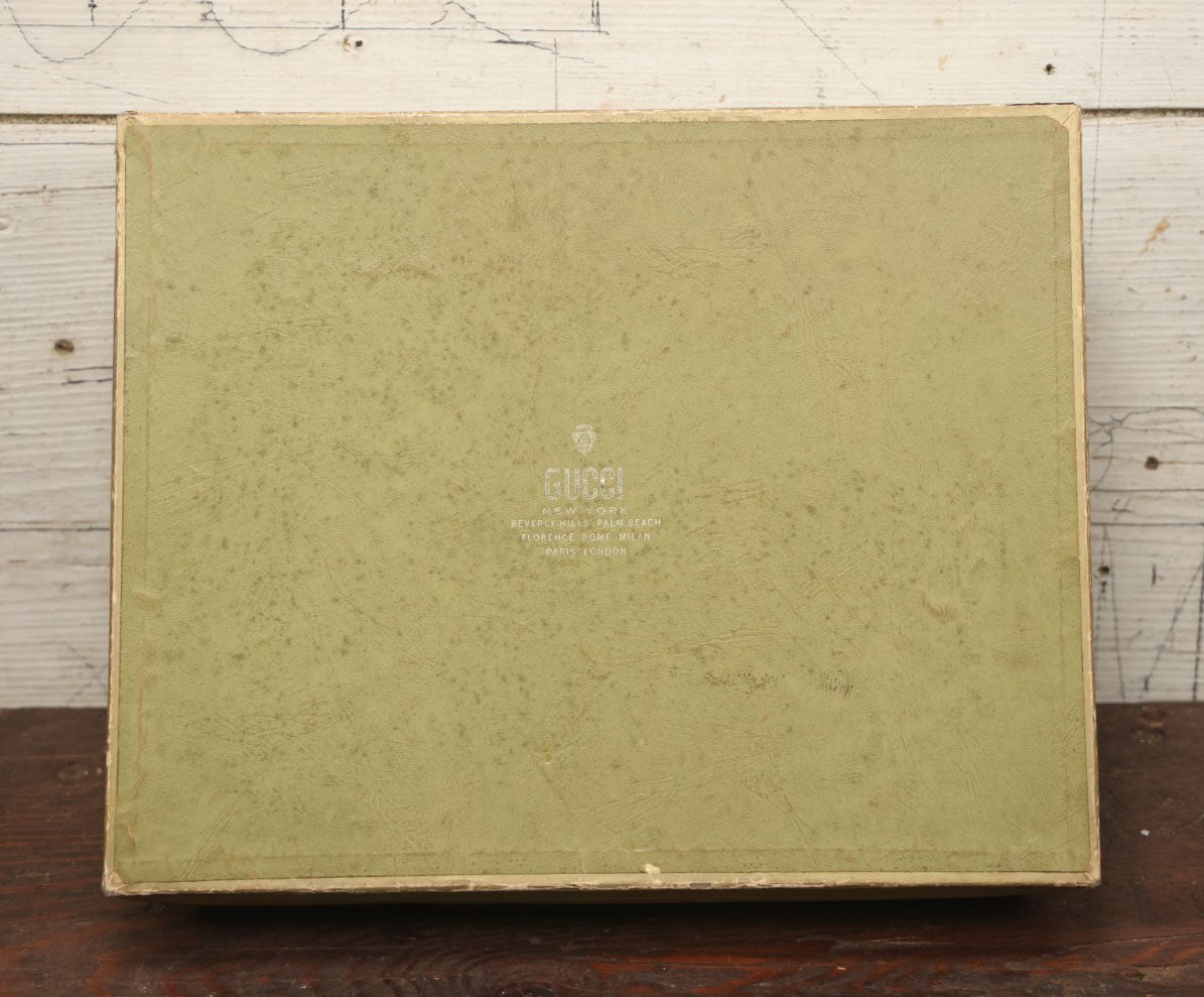 Lot 043 - Vintage Empty Green Gucci Product Box, With Metallic Silver Lettering, Cover