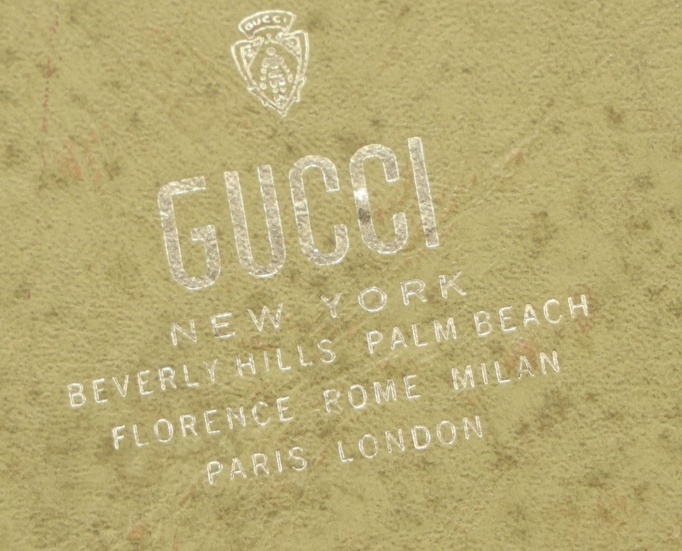 Lot 043 - Vintage Empty Green Gucci Product Box, With Metallic Silver Lettering, Cover