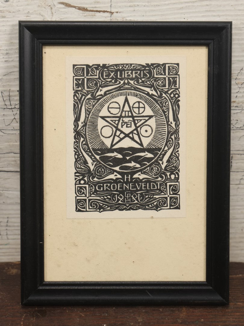 Lot 047 - Vintage Framed Ex Libris Bookplate With Pentagram, H. Groeneveldt