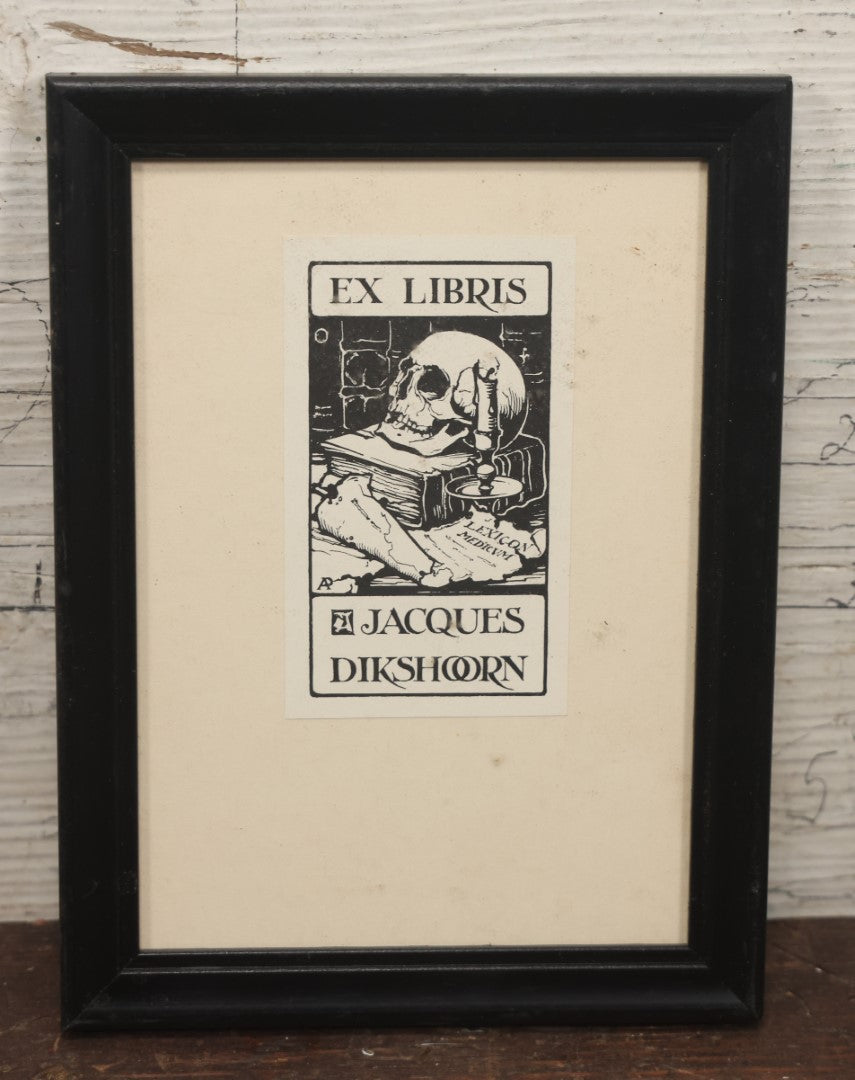 Lot 048 - Vintage Framed Ex Libris Bookplate With Skull, Jacques Dikshoorn, Illustrated By Anton Franciscus Pieck