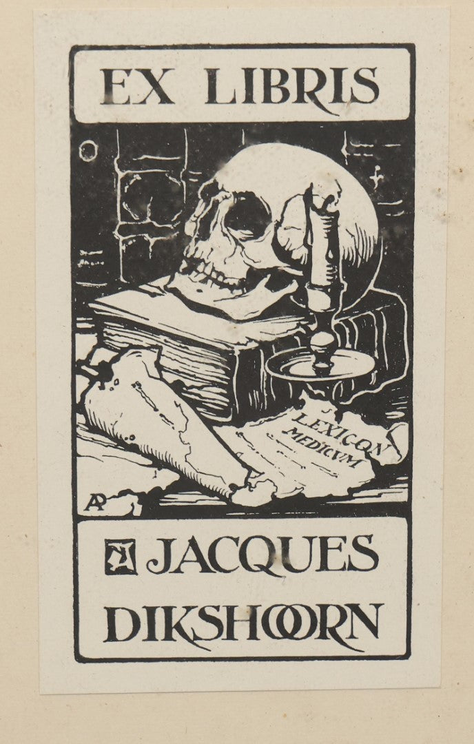 Lot 048 - Vintage Framed Ex Libris Bookplate With Skull, Jacques Dikshoorn, Illustrated By Anton Franciscus Pieck