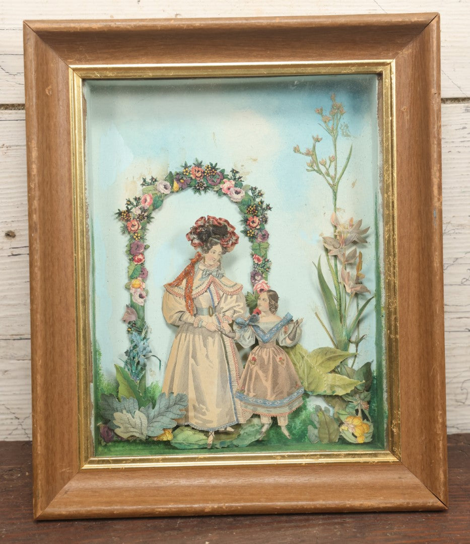 Lot 049 - Antique Hand Colored Ephemera Diorama Of Woman And Daughter, In Modern Frame Behind Glass, Hand Painted Backdrop