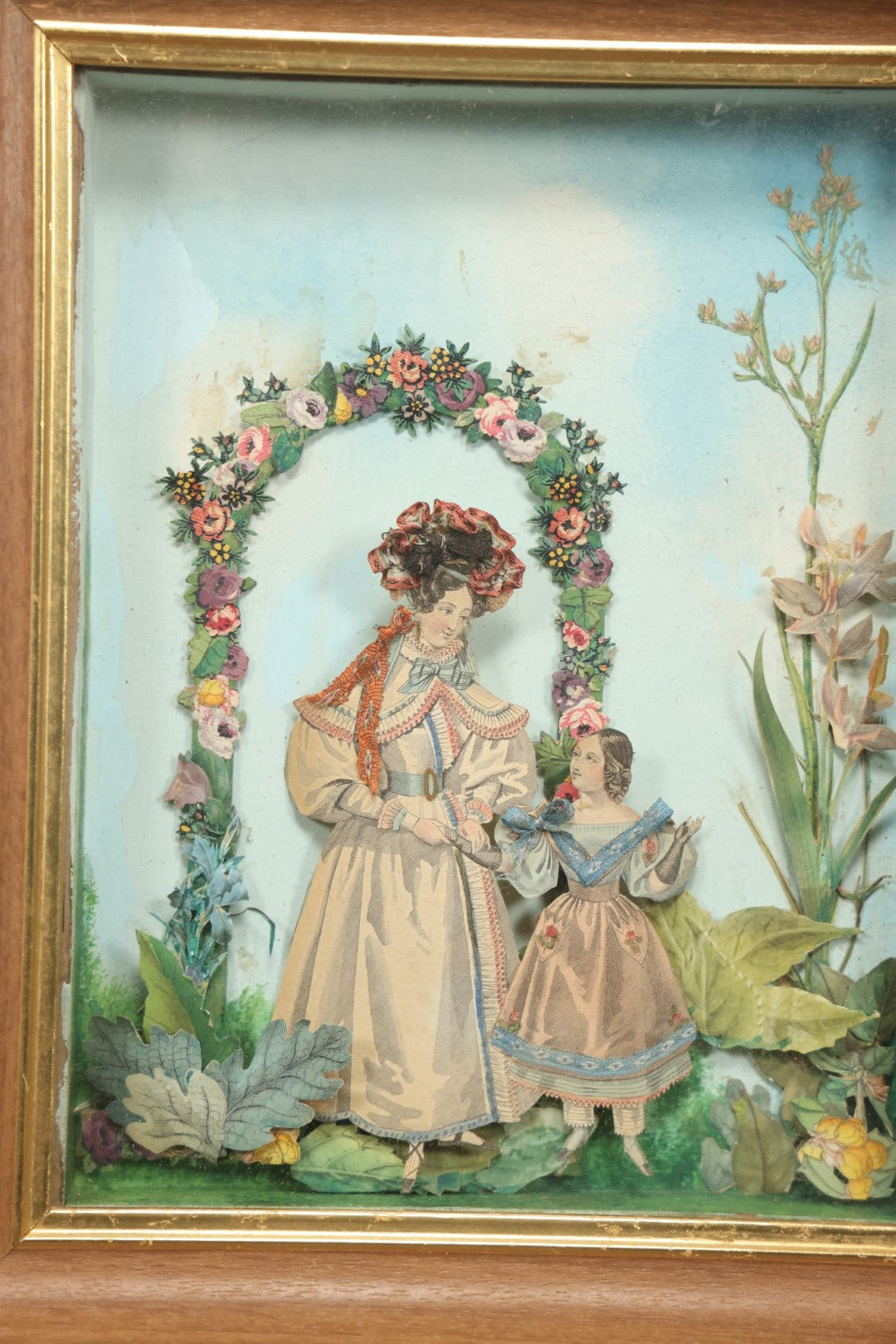 Lot 049 - Antique Hand Colored Ephemera Diorama Of Woman And Daughter, In Modern Frame Behind Glass, Hand Painted Backdrop