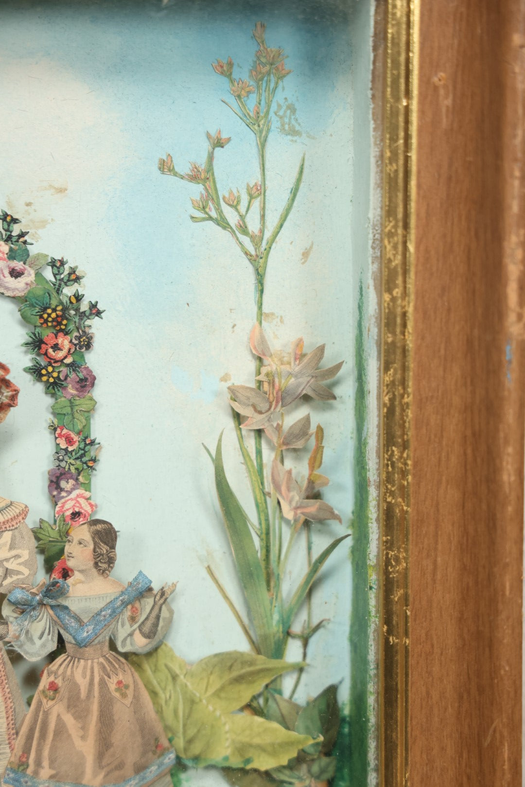 Lot 049 - Antique Hand Colored Ephemera Diorama Of Woman And Daughter, In Modern Frame Behind Glass, Hand Painted Backdrop