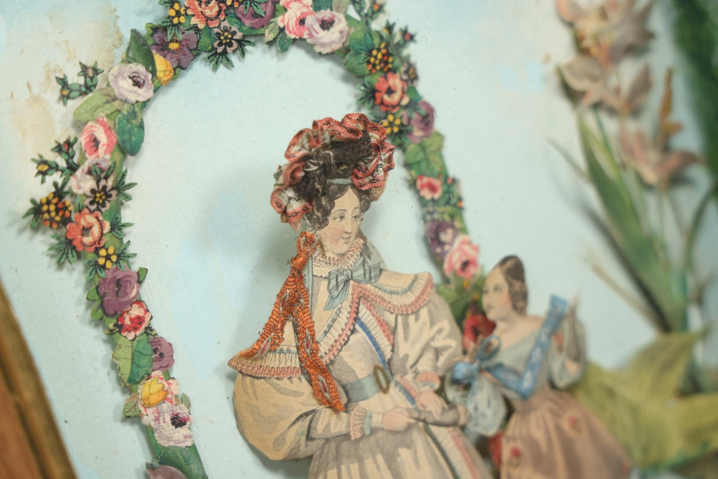 Lot 049 - Antique Hand Colored Ephemera Diorama Of Woman And Daughter, In Modern Frame Behind Glass, Hand Painted Backdrop