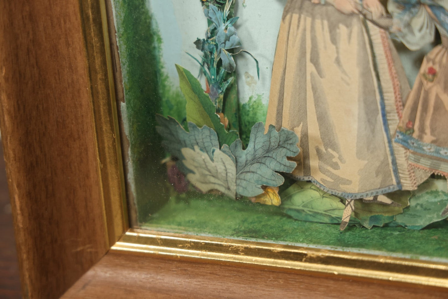Lot 049 - Antique Hand Colored Ephemera Diorama Of Woman And Daughter, In Modern Frame Behind Glass, Hand Painted Backdrop