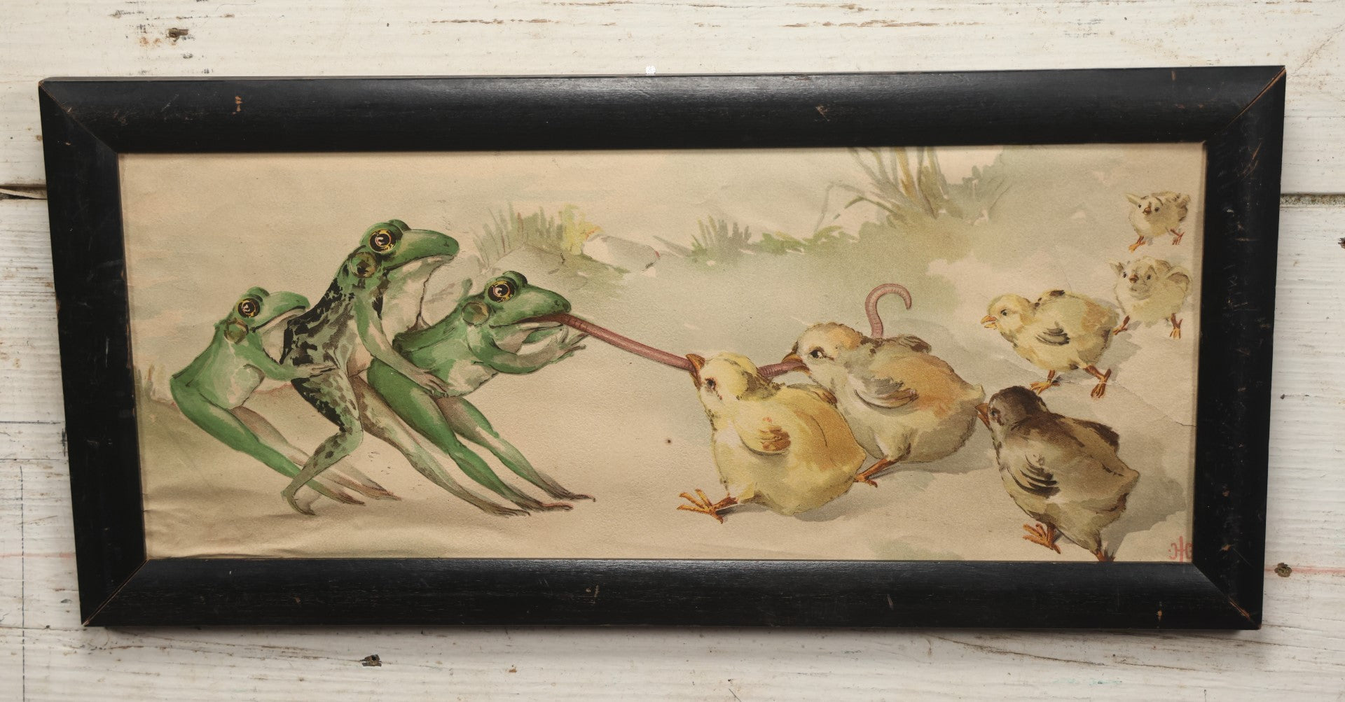 Lot 054 - Antique Lithograph Print, "Tug Of War," Frogs Fighting Over Work With Chicks, In Frame, No Glass, 17-1/4" X 8-1/4"