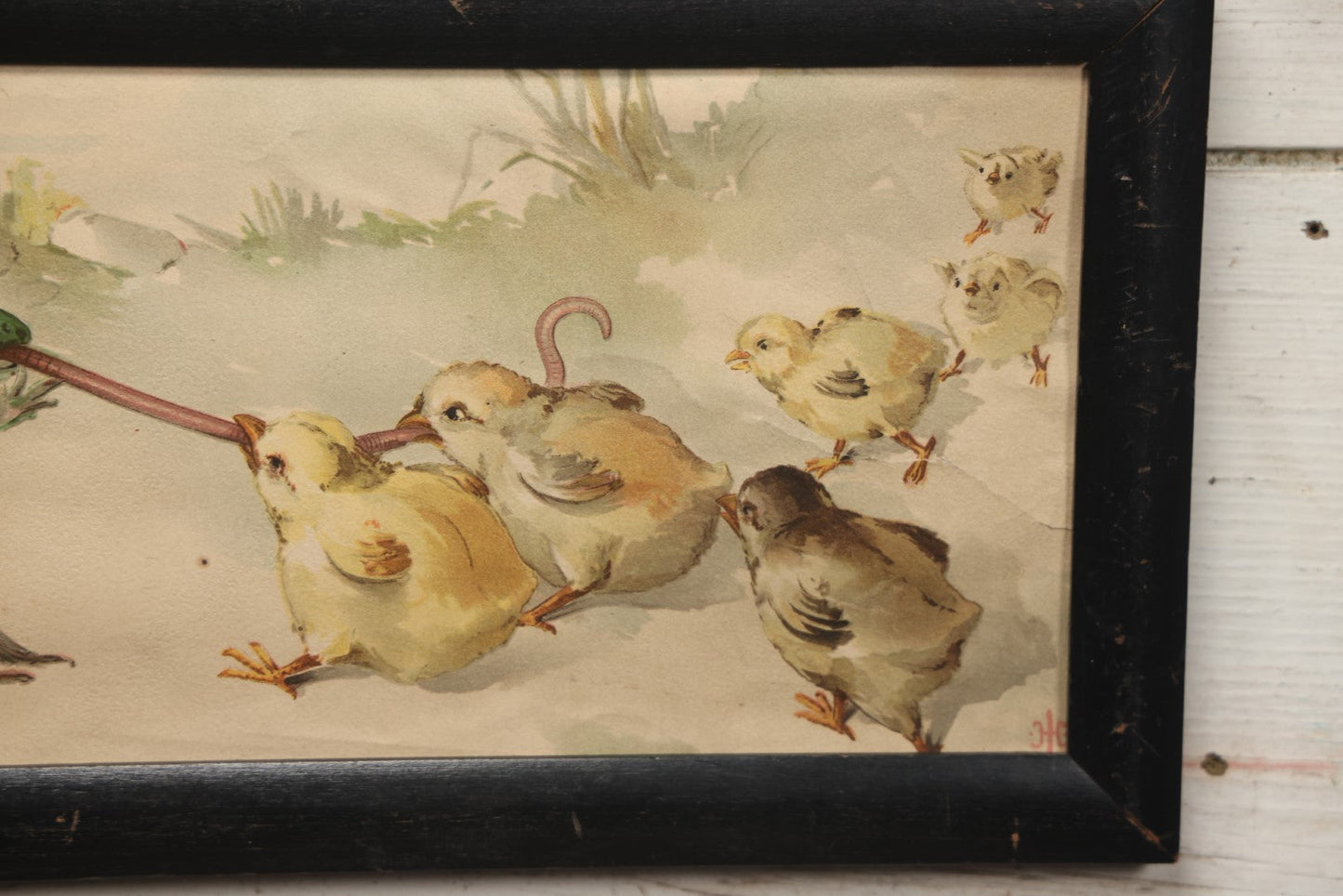 Lot 054 - Antique Lithograph Print, "Tug Of War," Frogs Fighting Over Work With Chicks, In Frame, No Glass, 17-1/4" X 8-1/4"