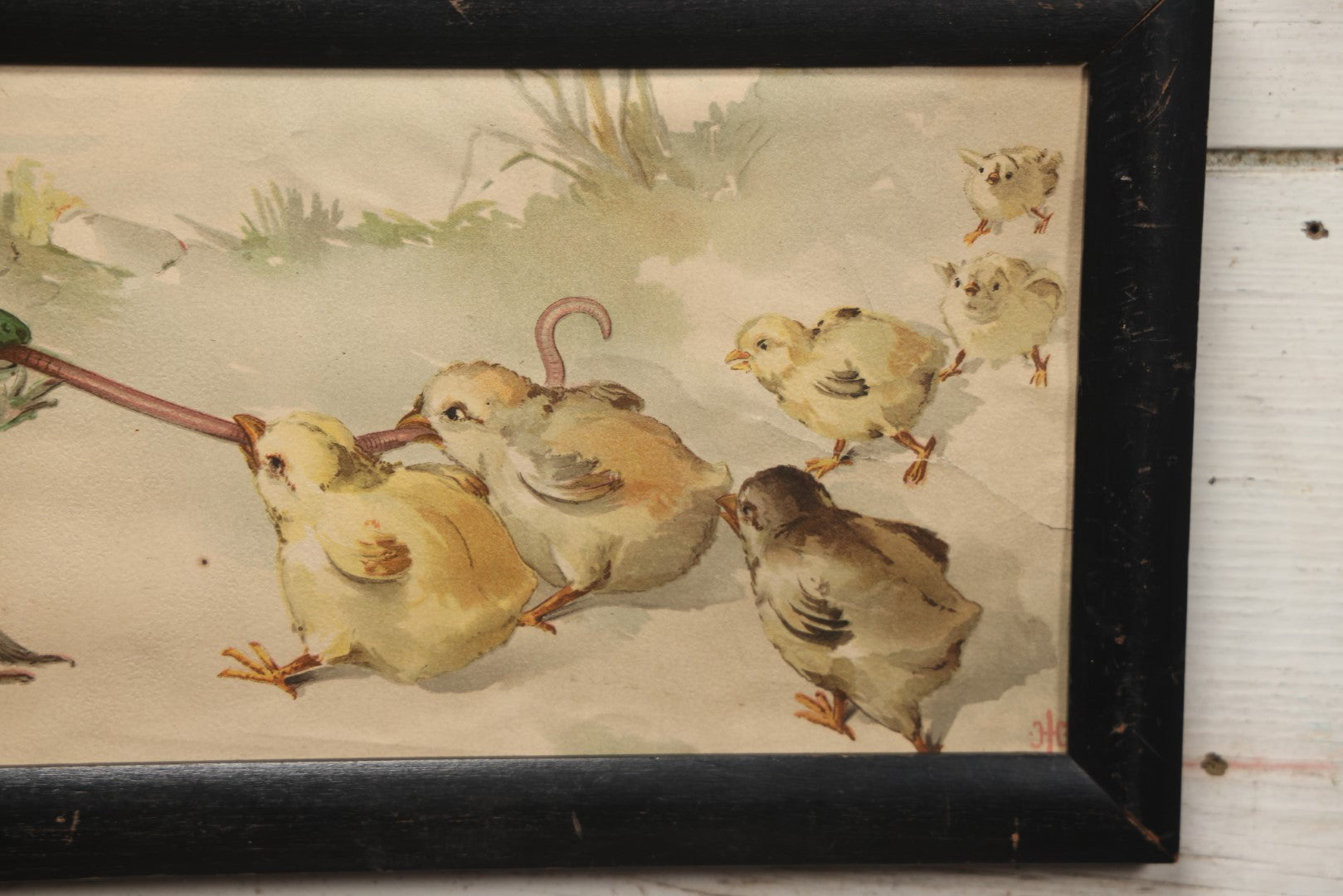 Lot 054 - Antique Lithograph Print, "Tug Of War," Frogs Fighting Over Work With Chicks, In Frame, No Glass, 17-1/4" X 8-1/4"