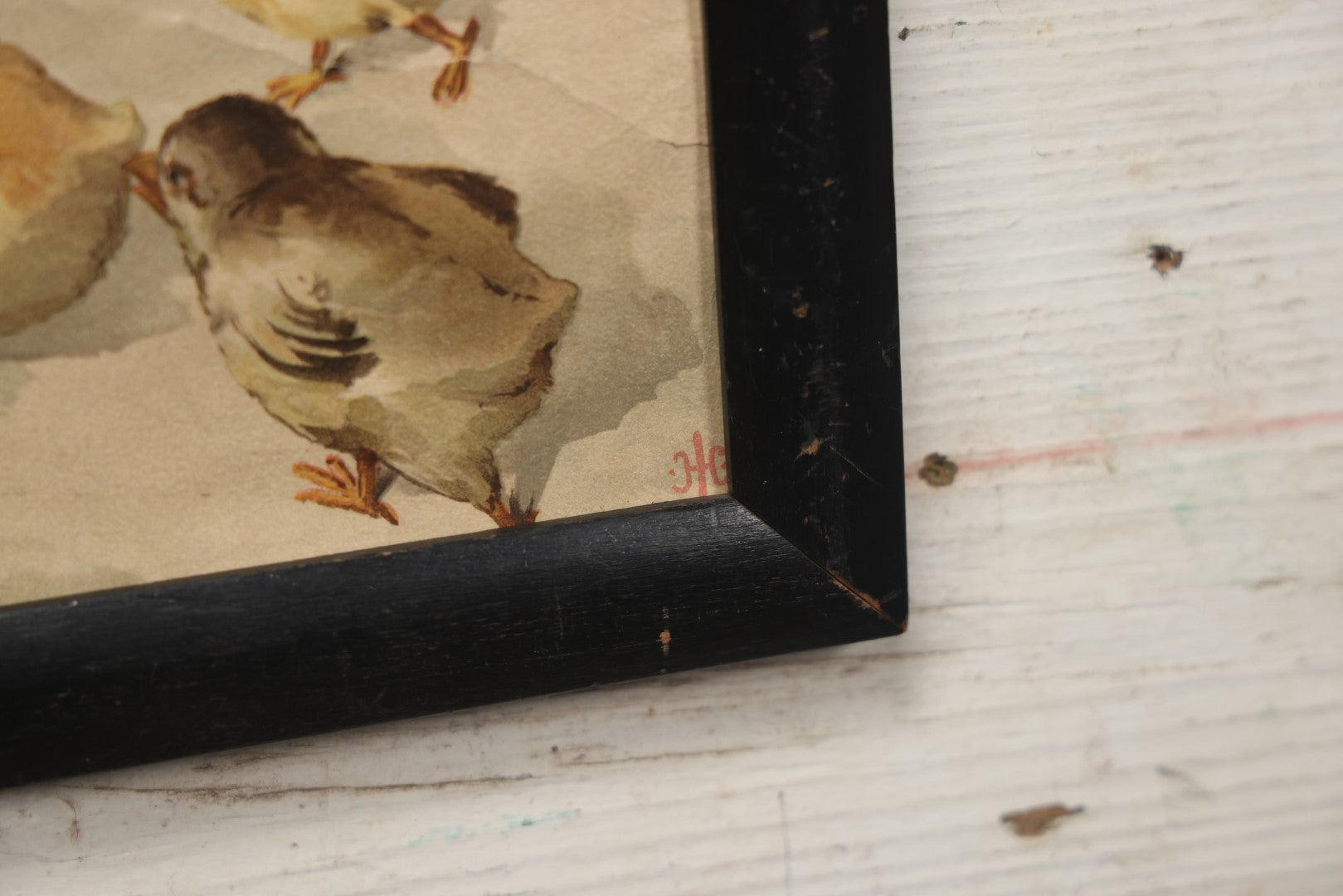 Lot 054 - Antique Lithograph Print, "Tug Of War," Frogs Fighting Over Work With Chicks, In Frame, No Glass, 17-1/4" X 8-1/4"