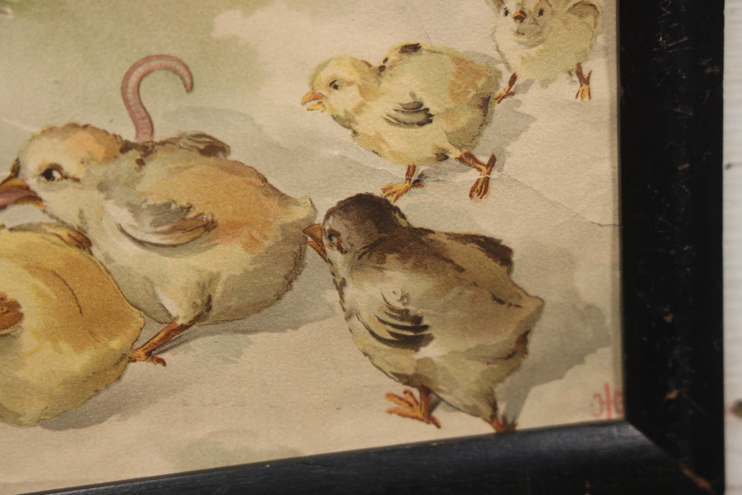 Lot 054 - Antique Lithograph Print, "Tug Of War," Frogs Fighting Over Work With Chicks, In Frame, No Glass, 17-1/4" X 8-1/4"