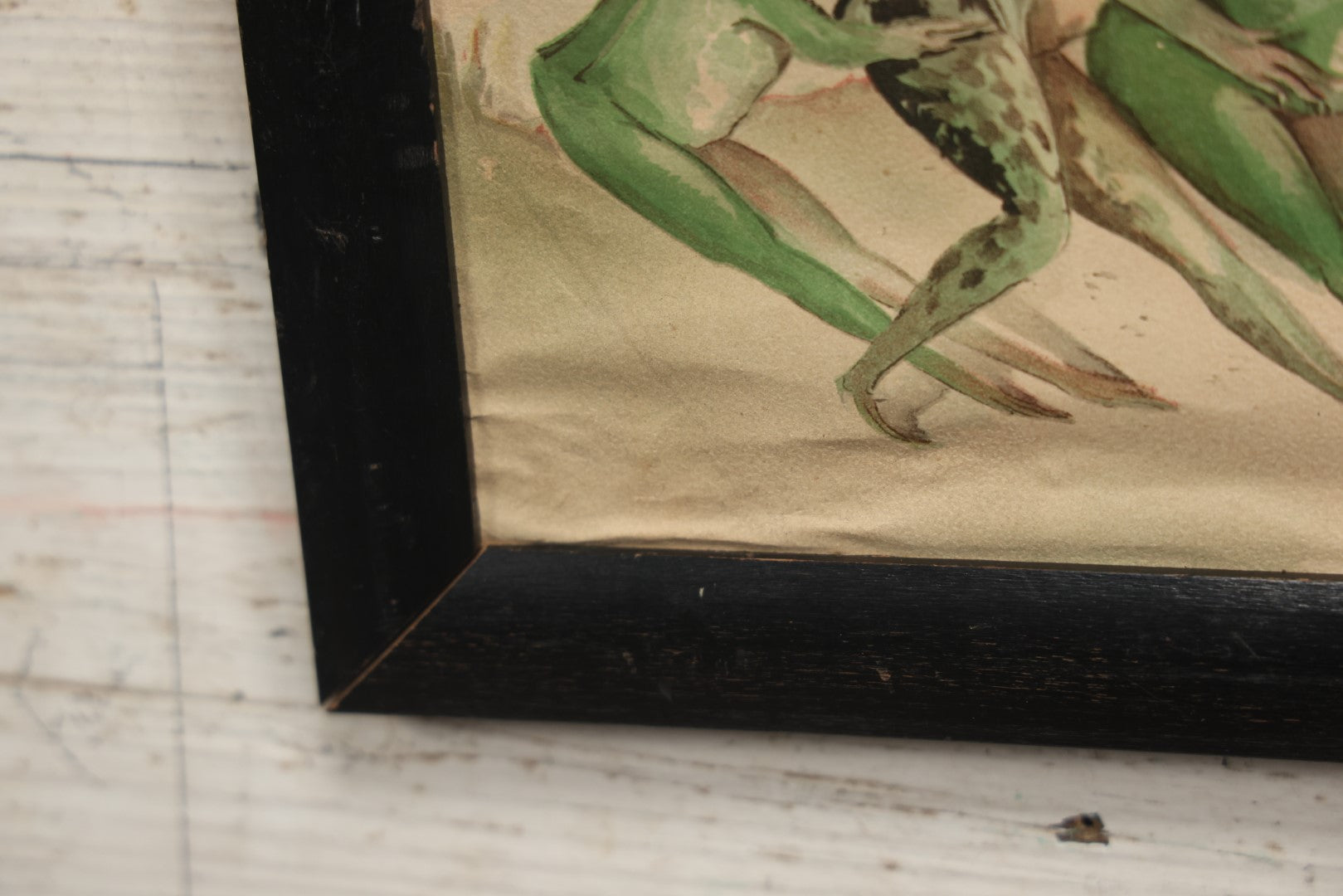 Lot 054 - Antique Lithograph Print, "Tug Of War," Frogs Fighting Over Work With Chicks, In Frame, No Glass, 17-1/4" X 8-1/4"