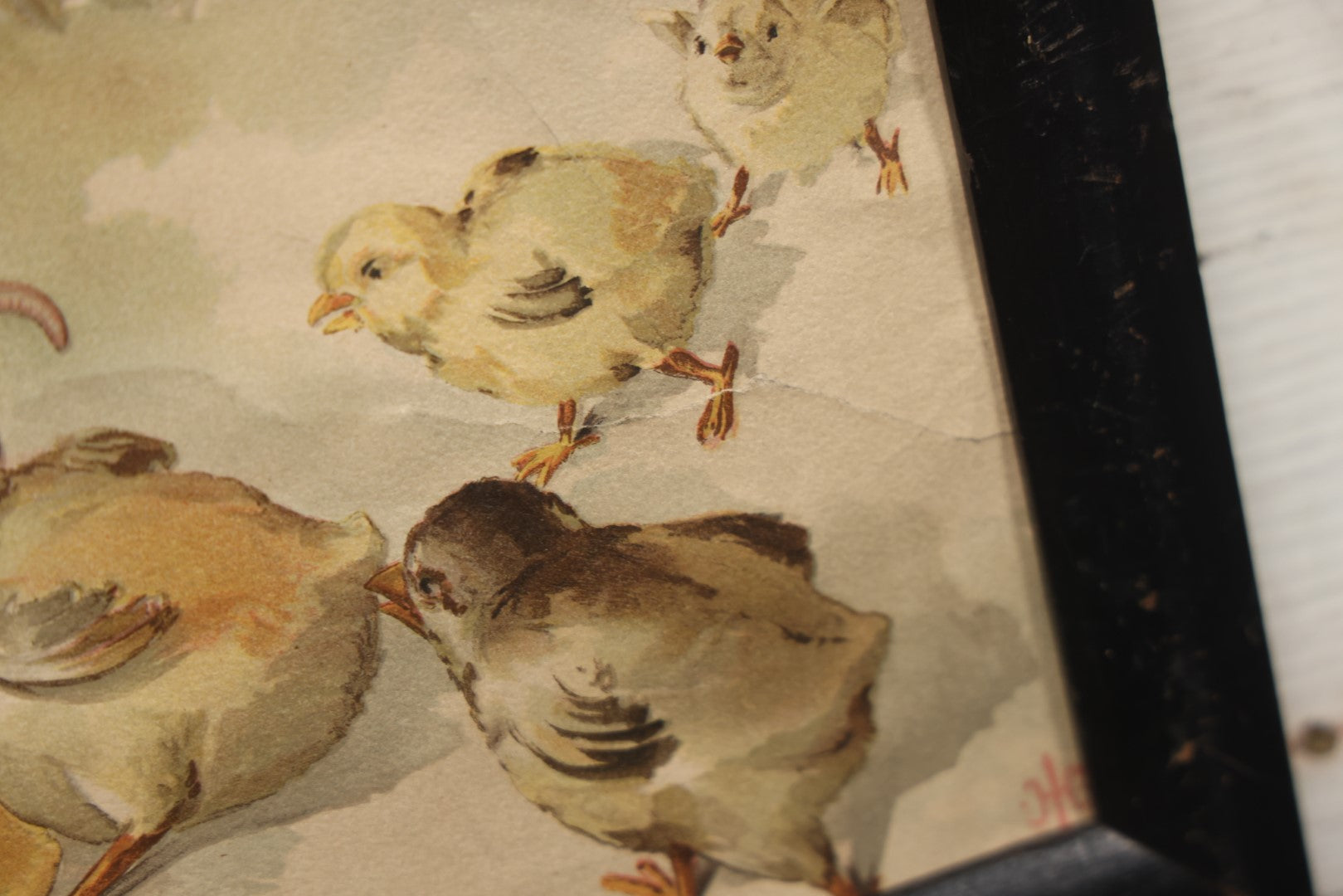 Lot 054 - Antique Lithograph Print, "Tug Of War," Frogs Fighting Over Work With Chicks, In Frame, No Glass, 17-1/4" X 8-1/4"