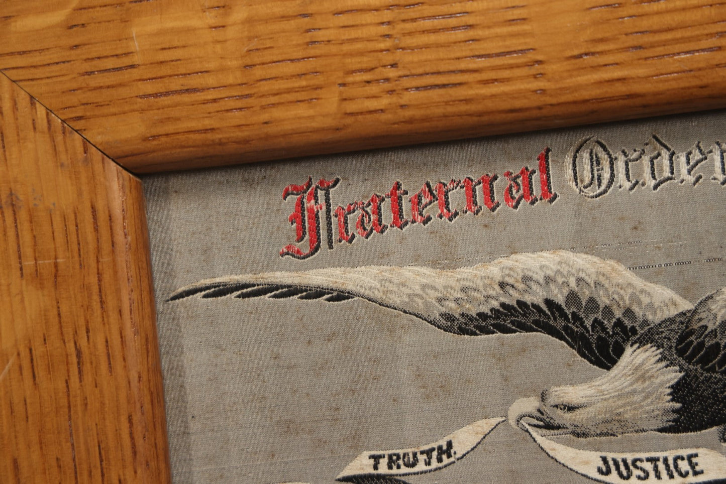 Lot 055 - Antique Fraternal Order Of Eagles Embroidered Textile In Frame, Liberty, Truth, Justice, Equality, 12-3/8" X 8-3/4" 