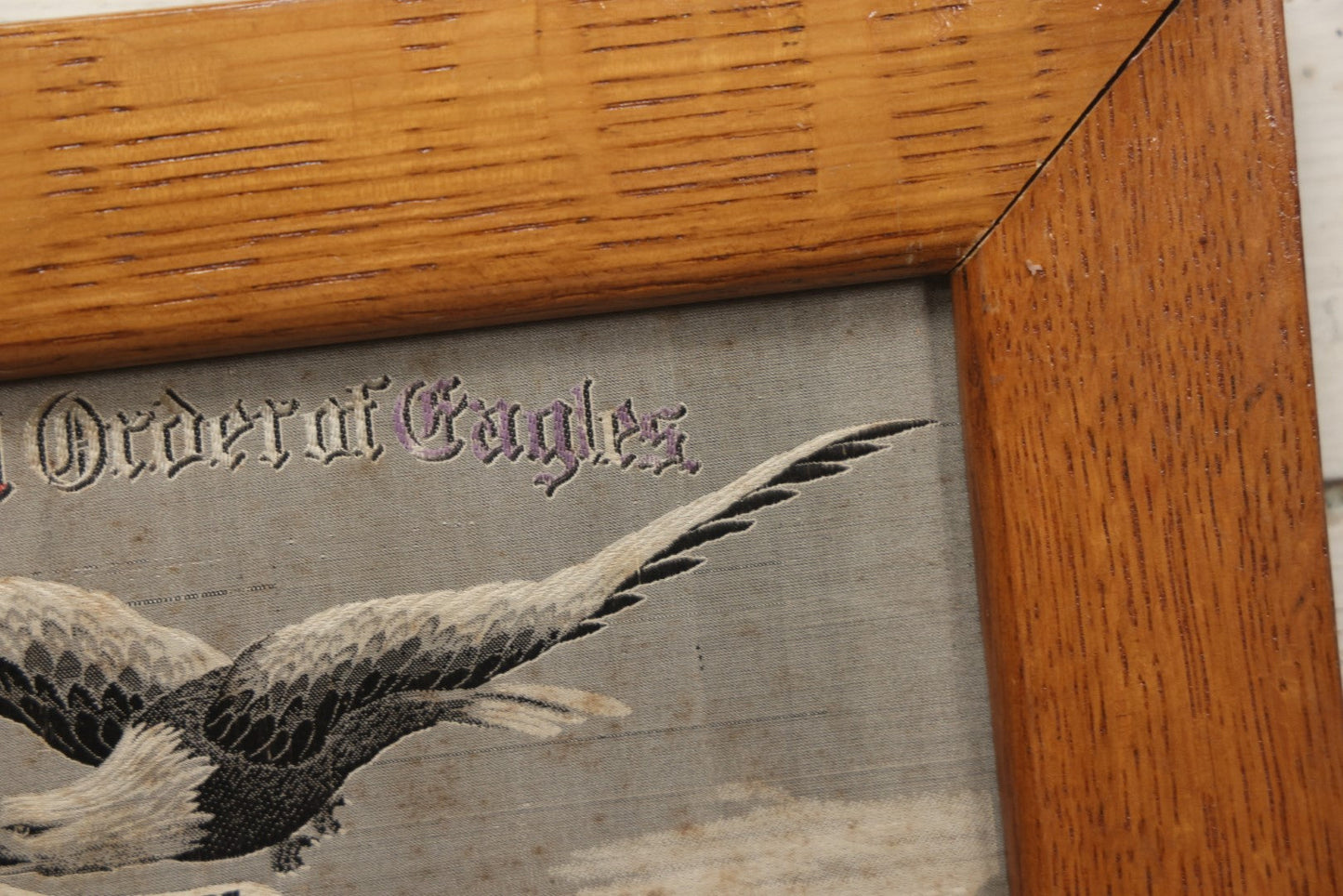 Lot 055 - Antique Fraternal Order Of Eagles Embroidered Textile In Frame, Liberty, Truth, Justice, Equality, 12-3/8" X 8-3/4" 