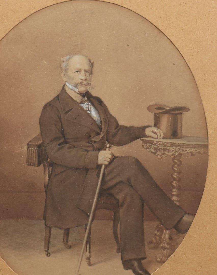 Lot 058 - Antique German Photograph Painted Over, Of Oberst (Colonel) Carl August Von Finckh, Seated With Top Hat, Born 1788, Died 1864, With Extensive Military History On Back