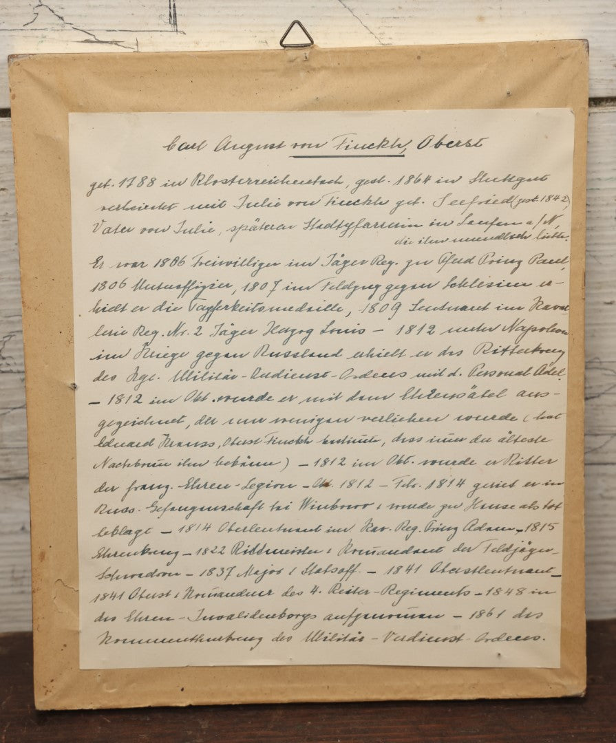 Lot 058 - Antique German Photograph Painted Over, Of Oberst (Colonel) Carl August Von Finckh, Seated With Top Hat, Born 1788, Died 1864, With Extensive Military History On Back