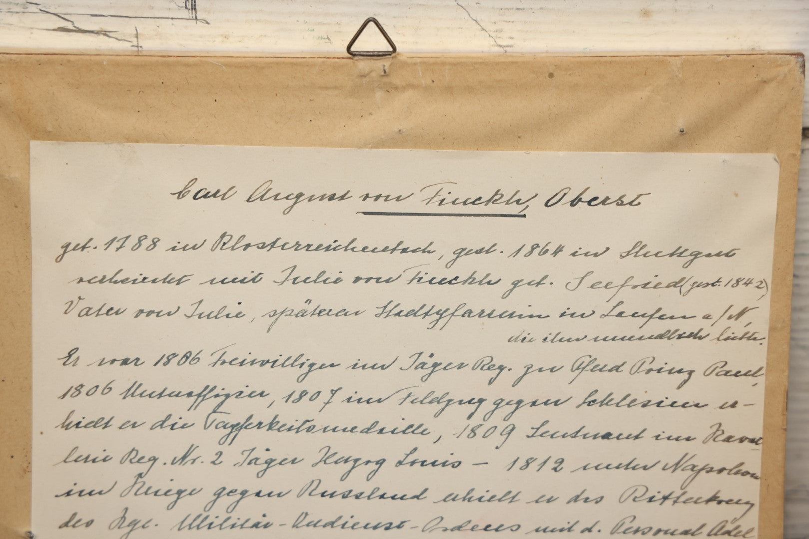 Lot 058 - Antique German Photograph Painted Over, Of Oberst (Colonel) Carl August Von Finckh, Seated With Top Hat, Born 1788, Died 1864, With Extensive Military History On Back