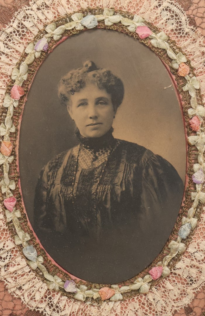 Lot 061 - Antique Photograph Of Pretty Victorian Woman In Textile, Doily Frame, Behind Glass
