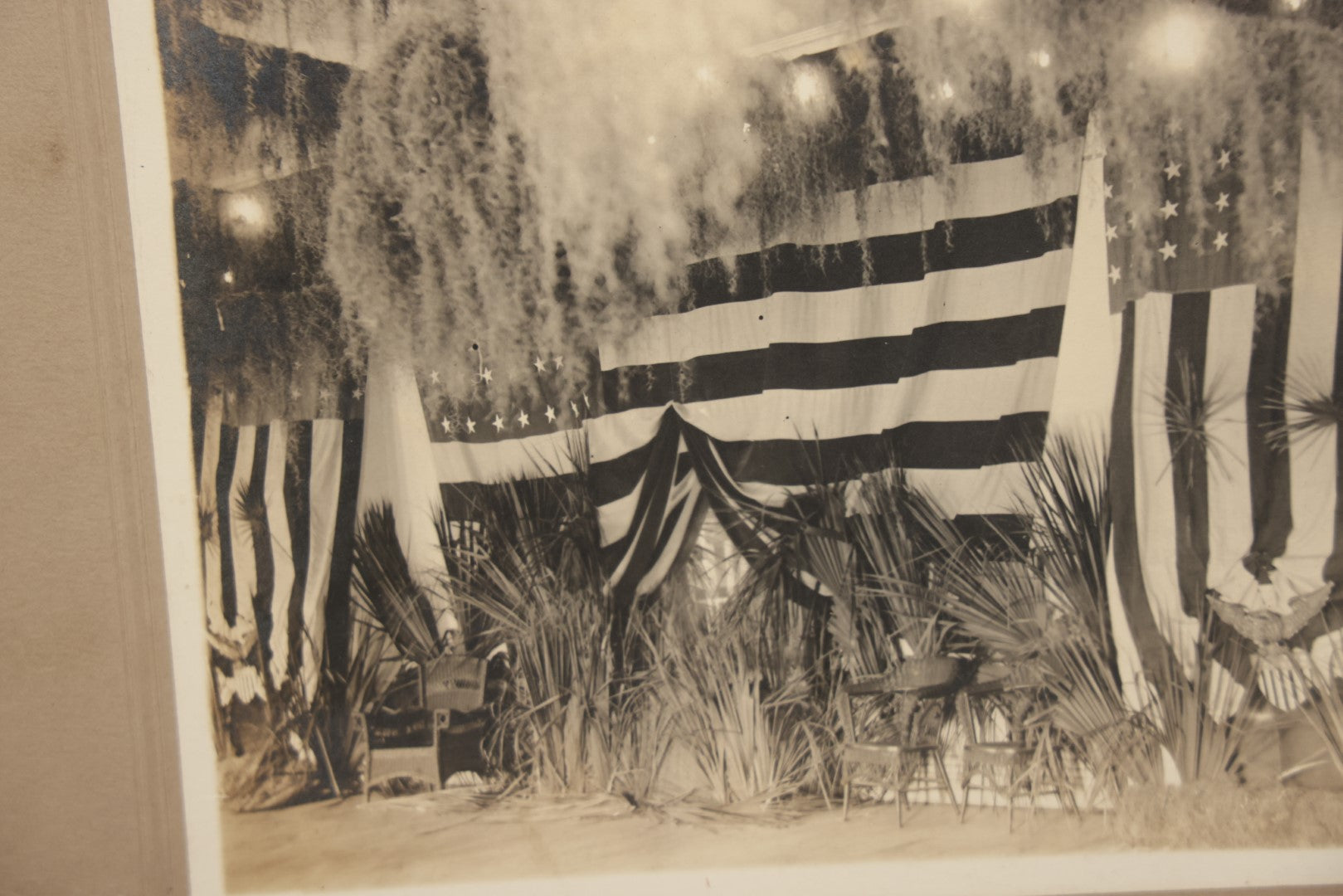 Lot 062 - Antique Boarded Photograph Of American Flags, Bunting, Palms, Unknown Location