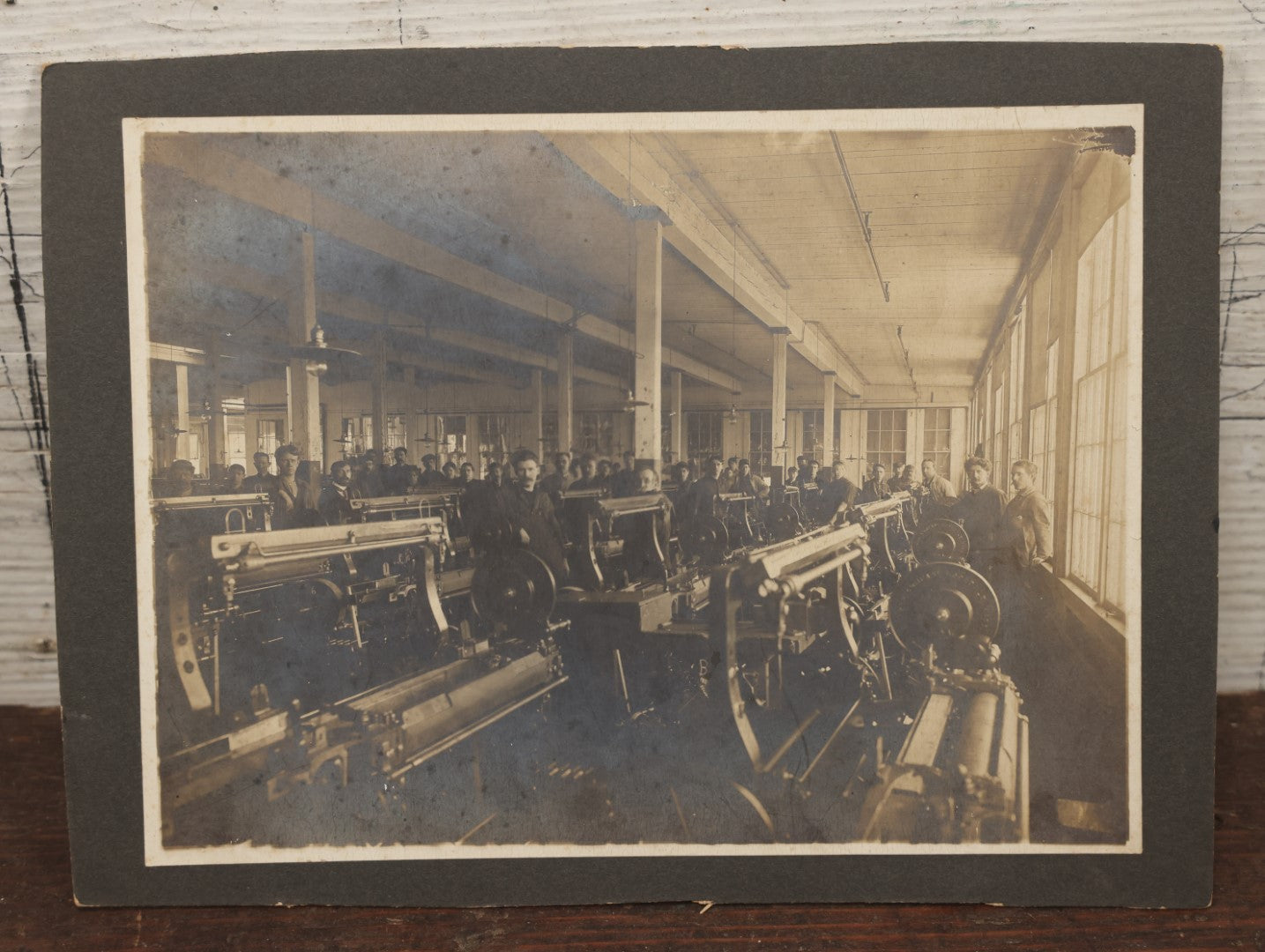 Lot 065 - Antique Boarded Occupational Photograph Of A Factory And Workers, Likely Textile Shop, Hopedale, Massachusetts