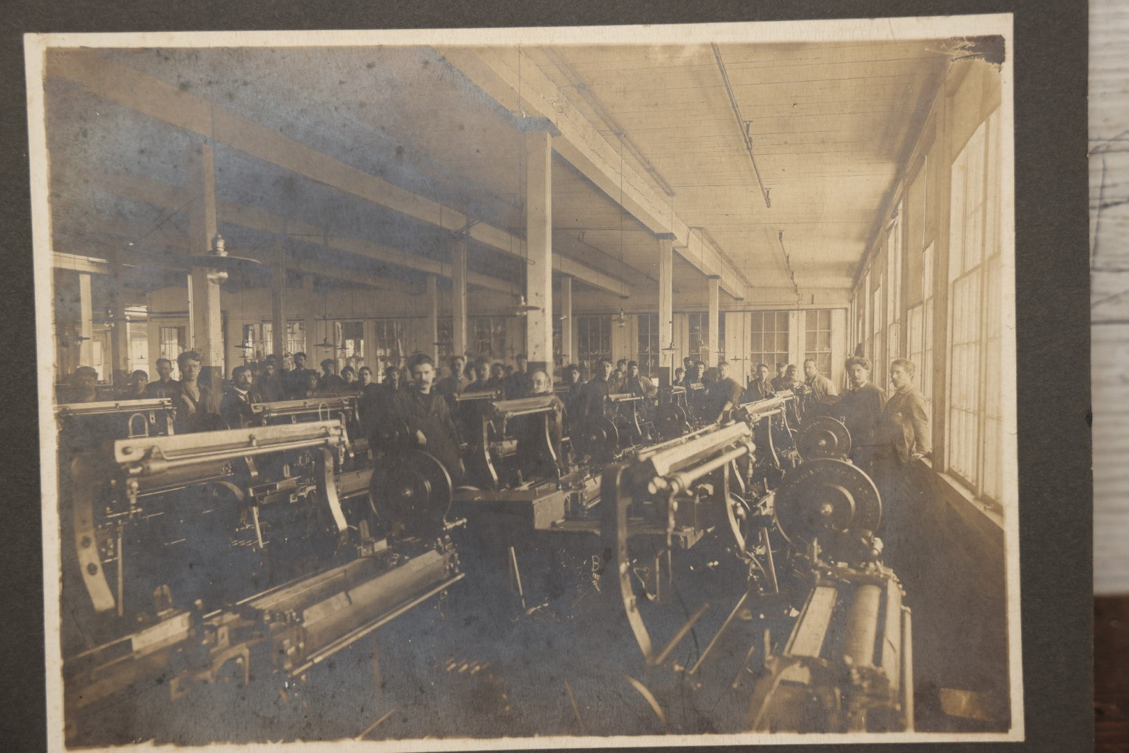 Lot 065 - Antique Boarded Occupational Photograph Of A Factory And Workers, Likely Textile Shop, Hopedale, Massachusetts