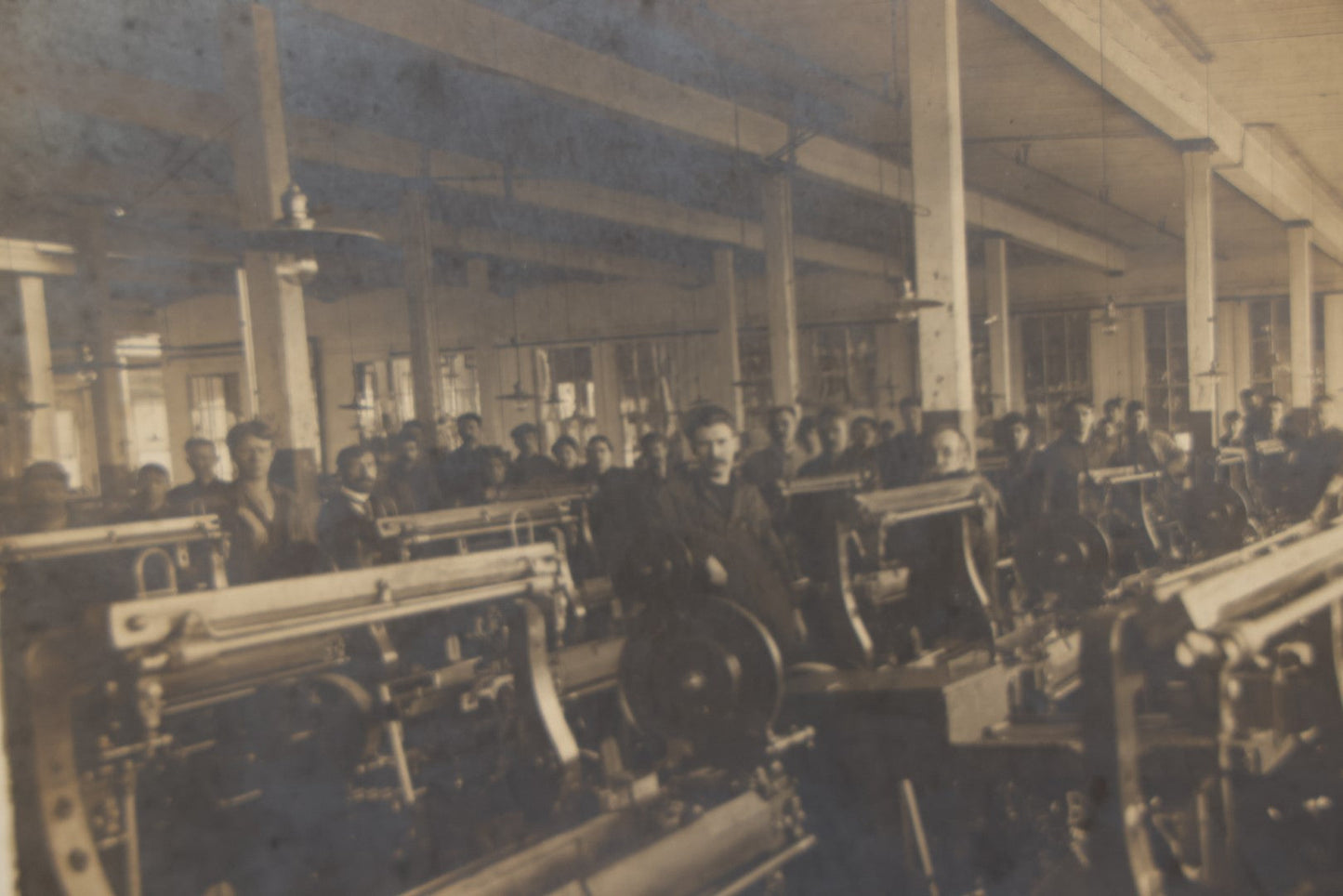 Lot 065 - Antique Boarded Occupational Photograph Of A Factory And Workers, Likely Textile Shop, Hopedale, Massachusetts