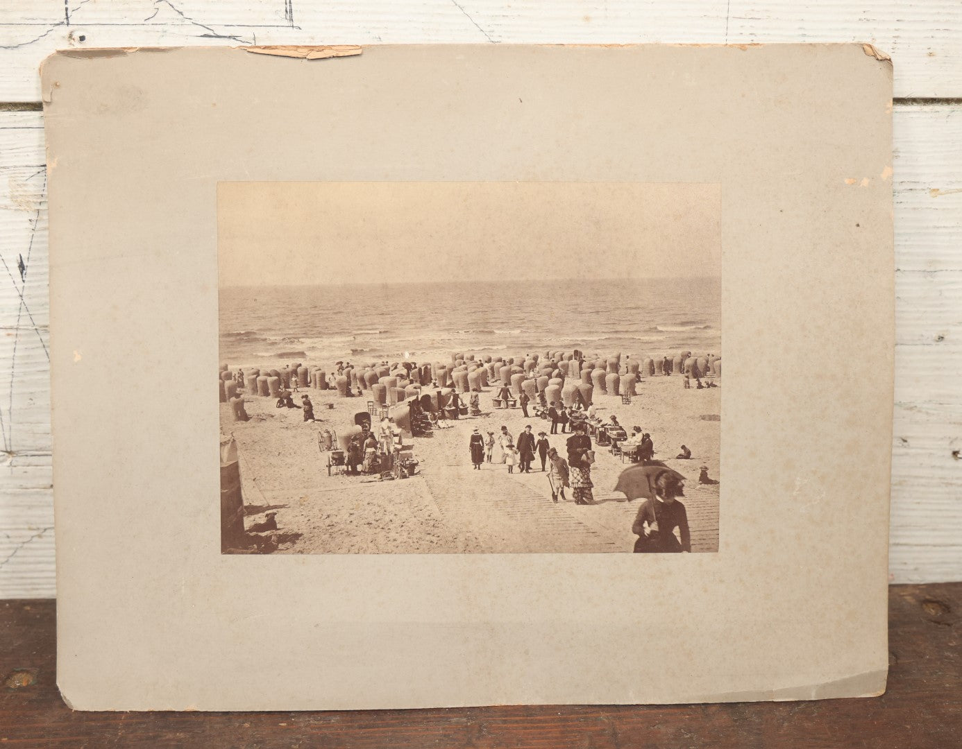 Lot 069 - Antique Boarded Photograph Of Victorian Beach Goers, Beach Covered In Private Tents, Scheveningen Beach, The Netherlands