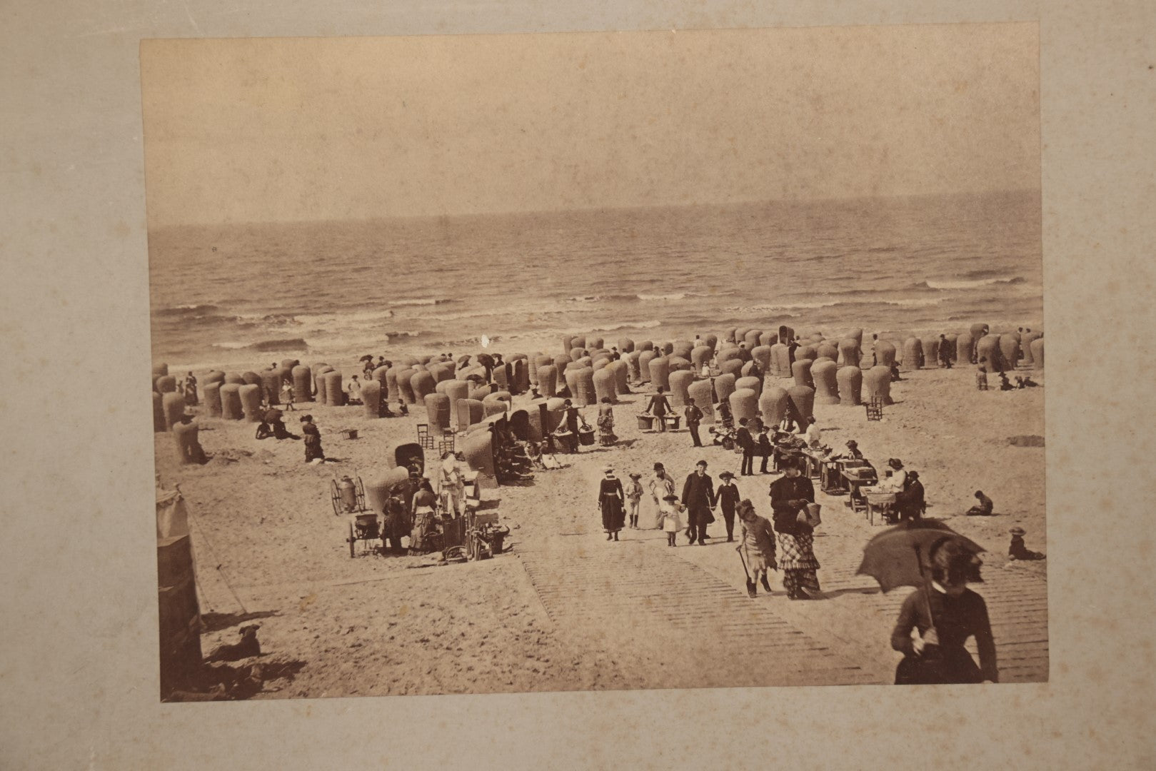 Lot 069 - Antique Boarded Photograph Of Victorian Beach Goers, Beach Covered In Private Tents, Scheveningen Beach, The Netherlands