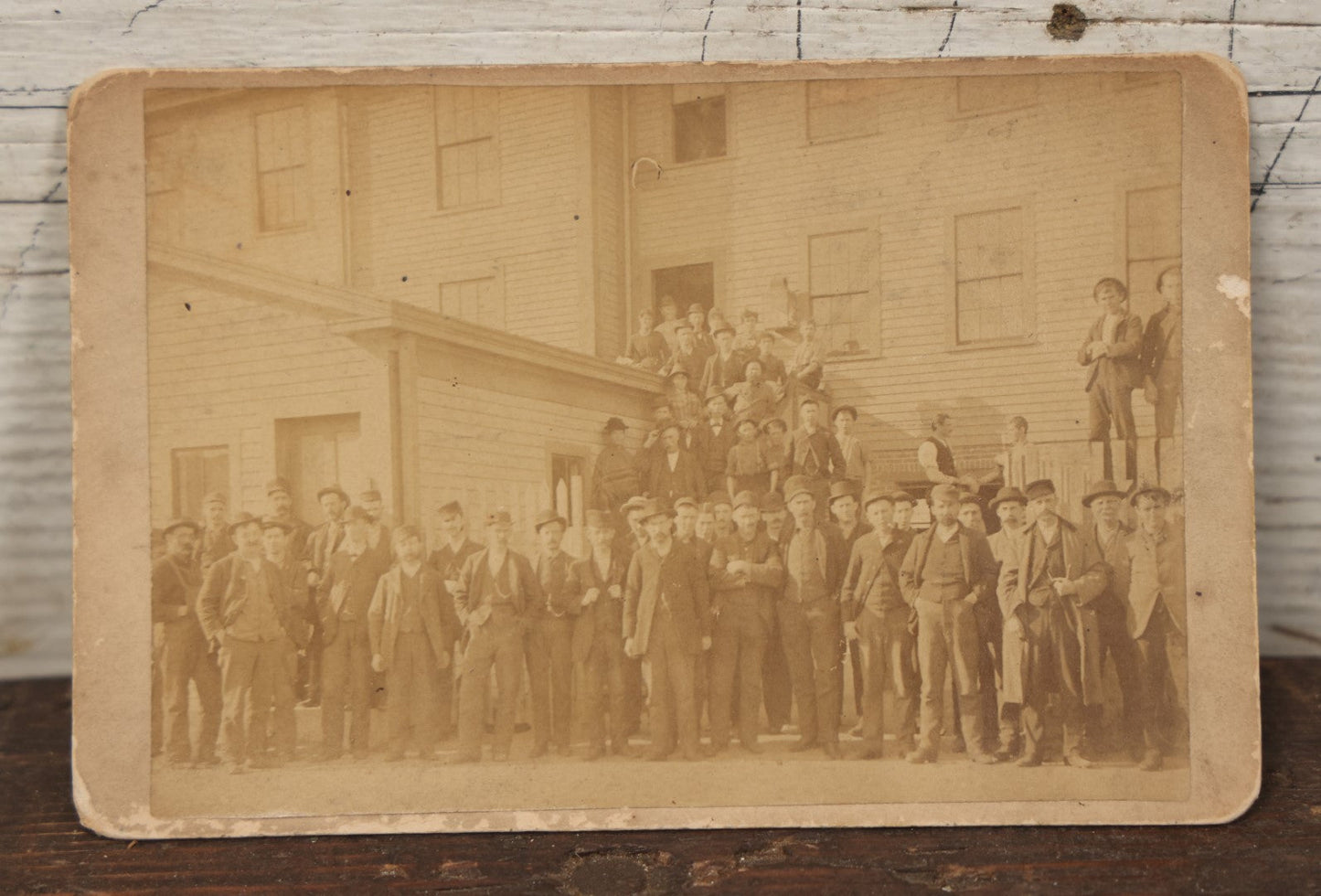 Lot 075 - Antique Cabinet Card Photograph Of A Large Group Of Rough And Tough Looking Men Standing Outside Of A Building, Possible Workers, Unidentified, E.W. Cook, Photographer, Albany, New York