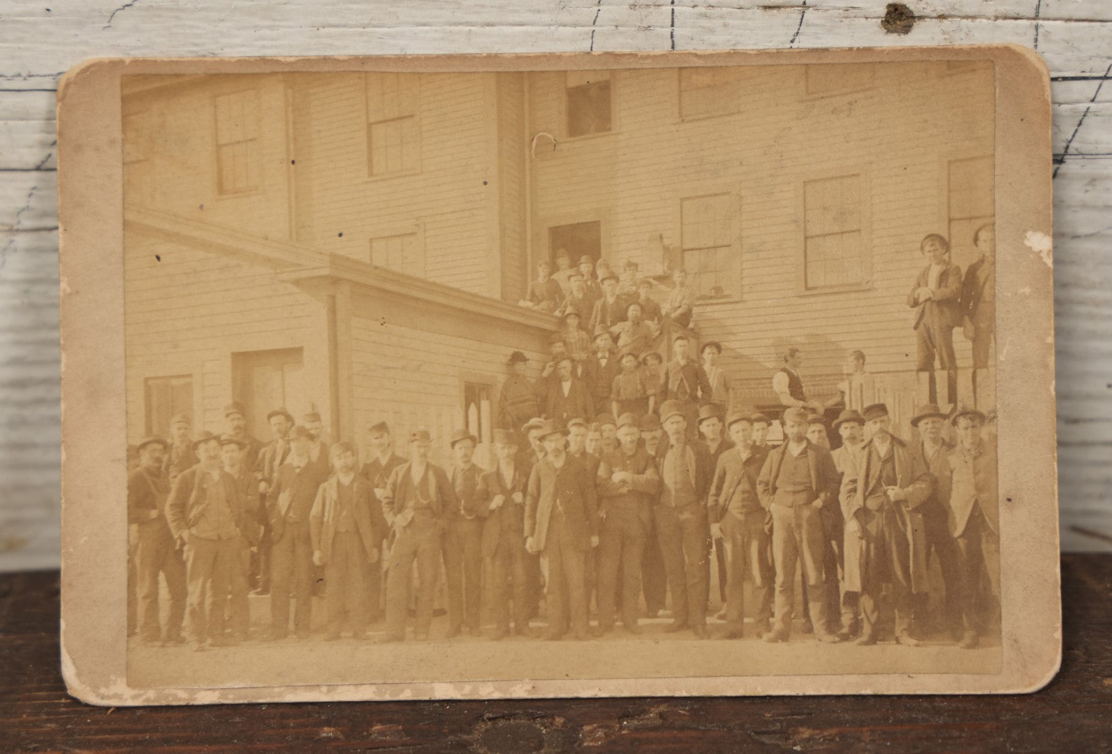 Lot 075 - Antique Cabinet Card Photograph Of A Large Group Of Rough And Tough Looking Men Standing Outside Of A Building, Possible Workers, Unidentified, E.W. Cook, Photographer, Albany, New York