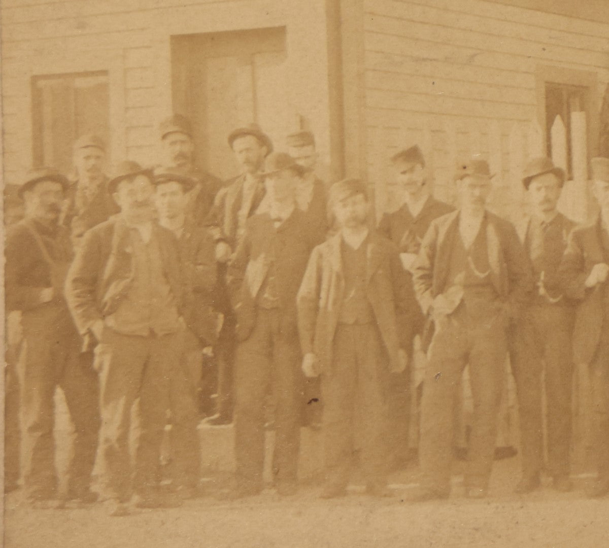 Lot 075 - Antique Cabinet Card Photograph Of A Large Group Of Rough And Tough Looking Men Standing Outside Of A Building, Possible Workers, Unidentified, E.W. Cook, Photographer, Albany, New York