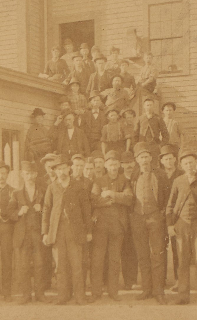 Lot 075 - Antique Cabinet Card Photograph Of A Large Group Of Rough And Tough Looking Men Standing Outside Of A Building, Possible Workers, Unidentified, E.W. Cook, Photographer, Albany, New York