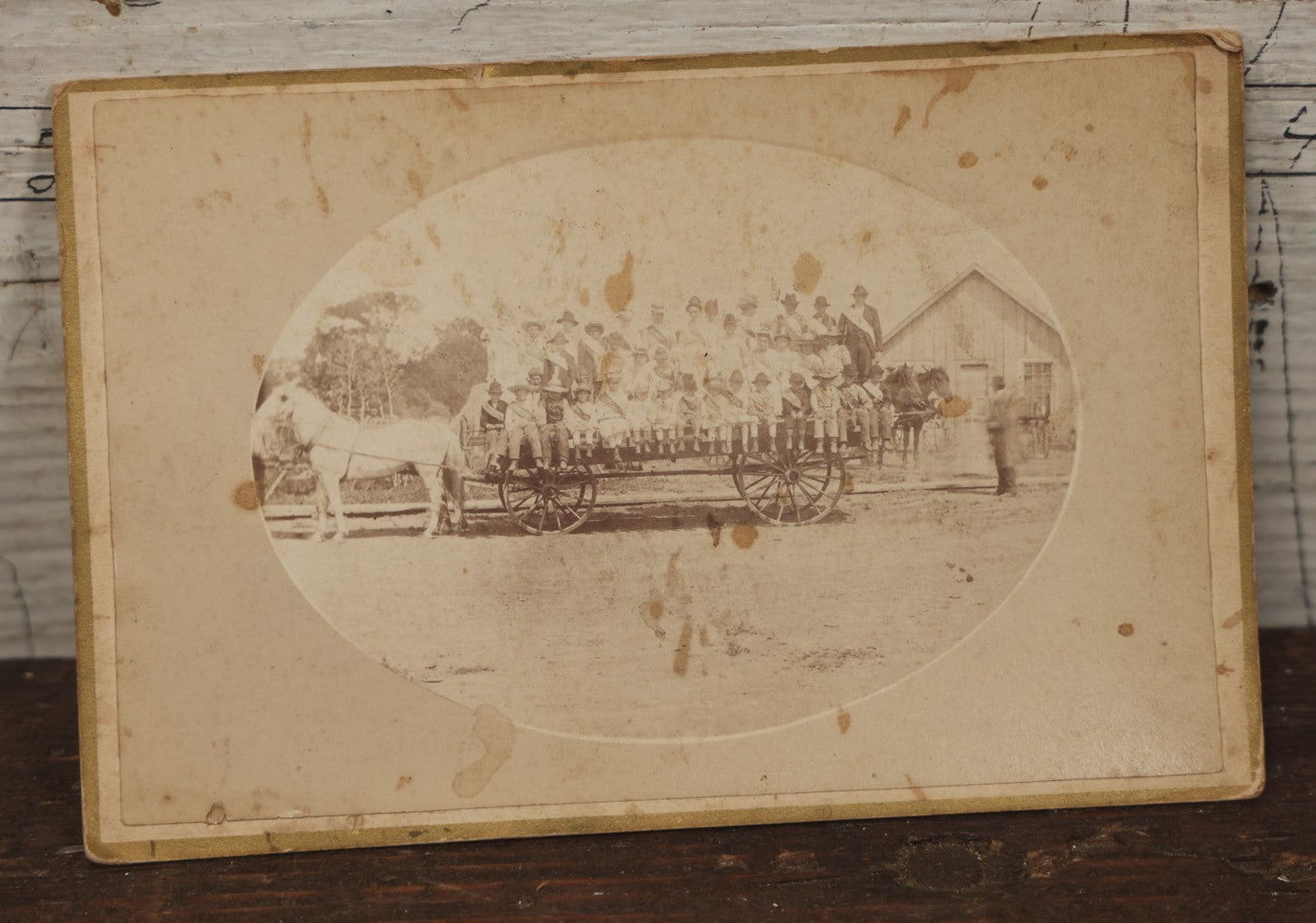 Lot 076 - Antique Cabinet Card Photograph Of A Group Of Men, Women, And Children In Sashes On A Horse Drawn Parade Float, Back Mark With "Caledonia" Written
