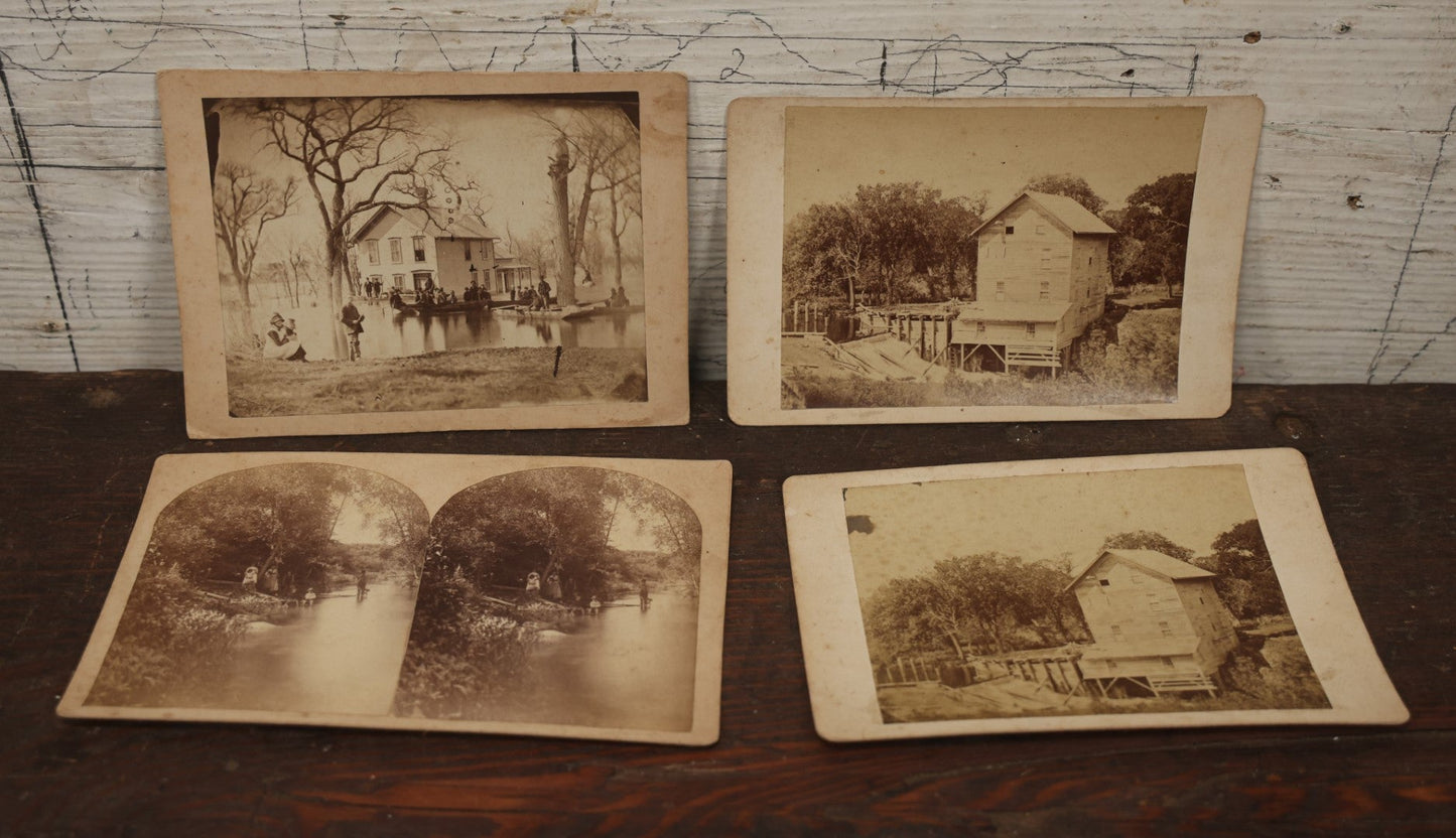 Lot 077 - Grouping Of Antique Boarded And Cabinet Card Photographs, Flooded House With People On Canoe, Old Factory Or Mill, And Stereo View Of Riverside
