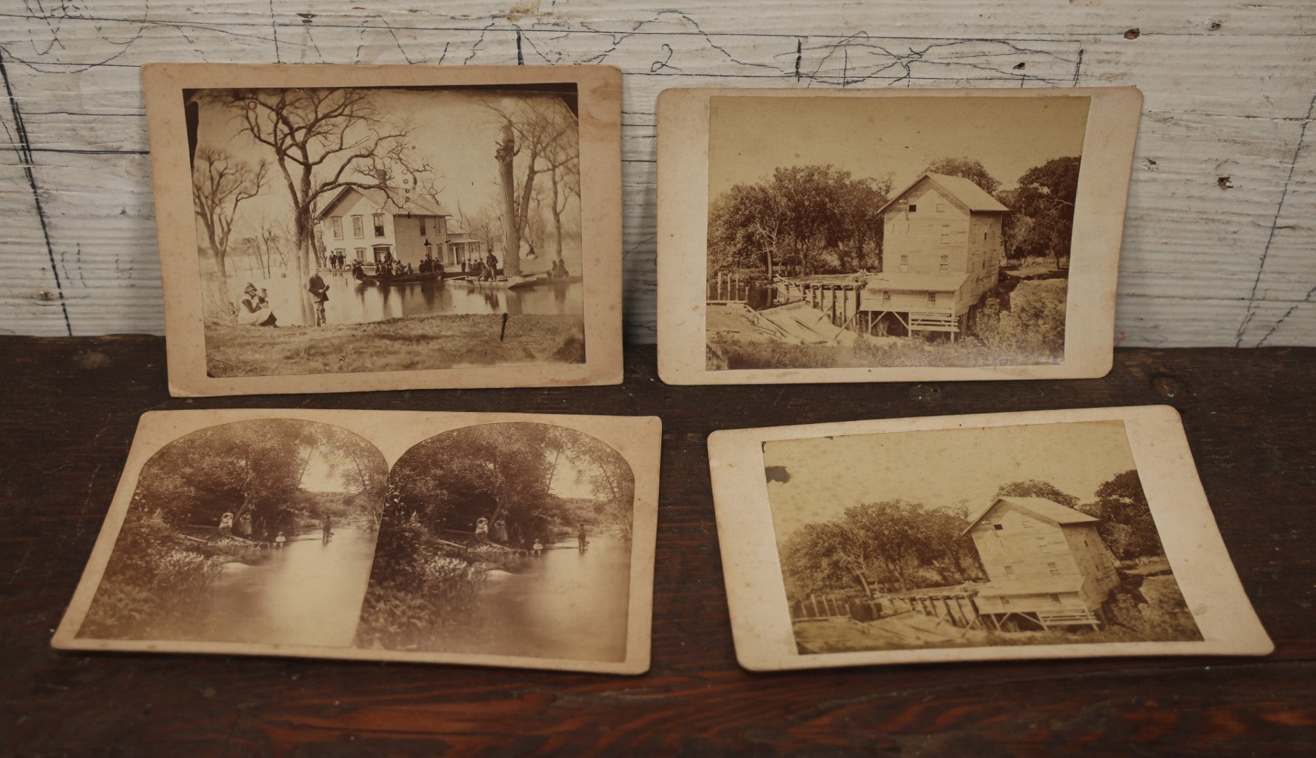 Lot 077 - Grouping Of Antique Boarded And Cabinet Card Photographs, Flooded House With People On Canoe, Old Factory Or Mill, And Stereo View Of Riverside