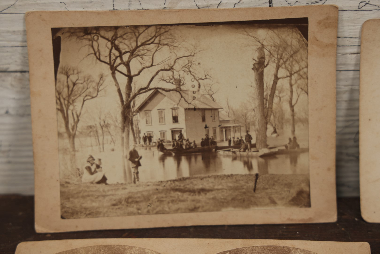 Lot 077 - Grouping Of Antique Boarded And Cabinet Card Photographs, Flooded House With People On Canoe, Old Factory Or Mill, And Stereo View Of Riverside
