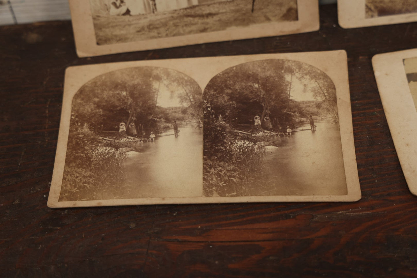 Lot 077 - Grouping Of Antique Boarded And Cabinet Card Photographs, Flooded House With People On Canoe, Old Factory Or Mill, And Stereo View Of Riverside