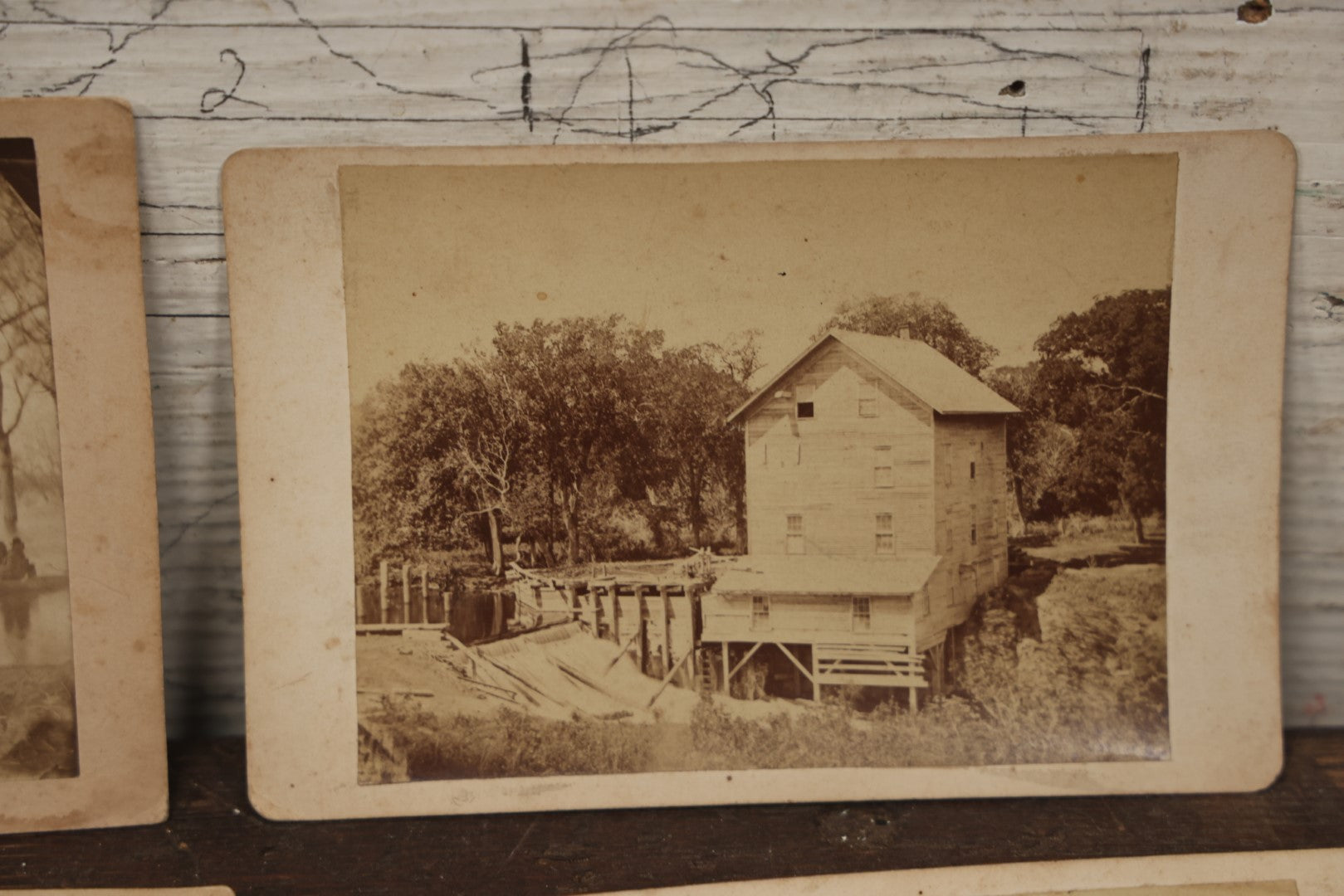 Lot 077 - Grouping Of Antique Boarded And Cabinet Card Photographs, Flooded House With People On Canoe, Old Factory Or Mill, And Stereo View Of Riverside